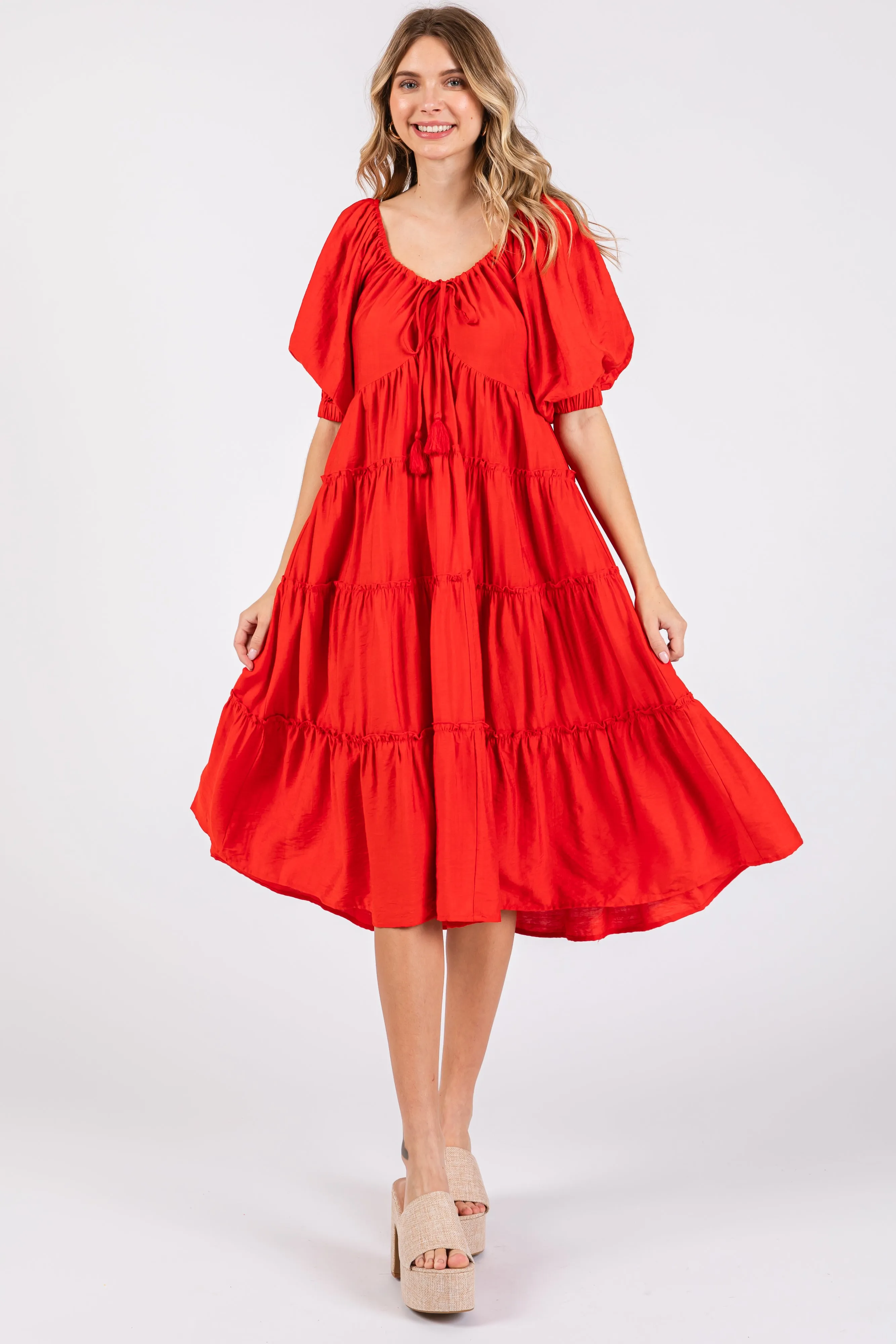 Red Tiered Maternity Midi Dress sold by Pinkblush product image thumbnail 4