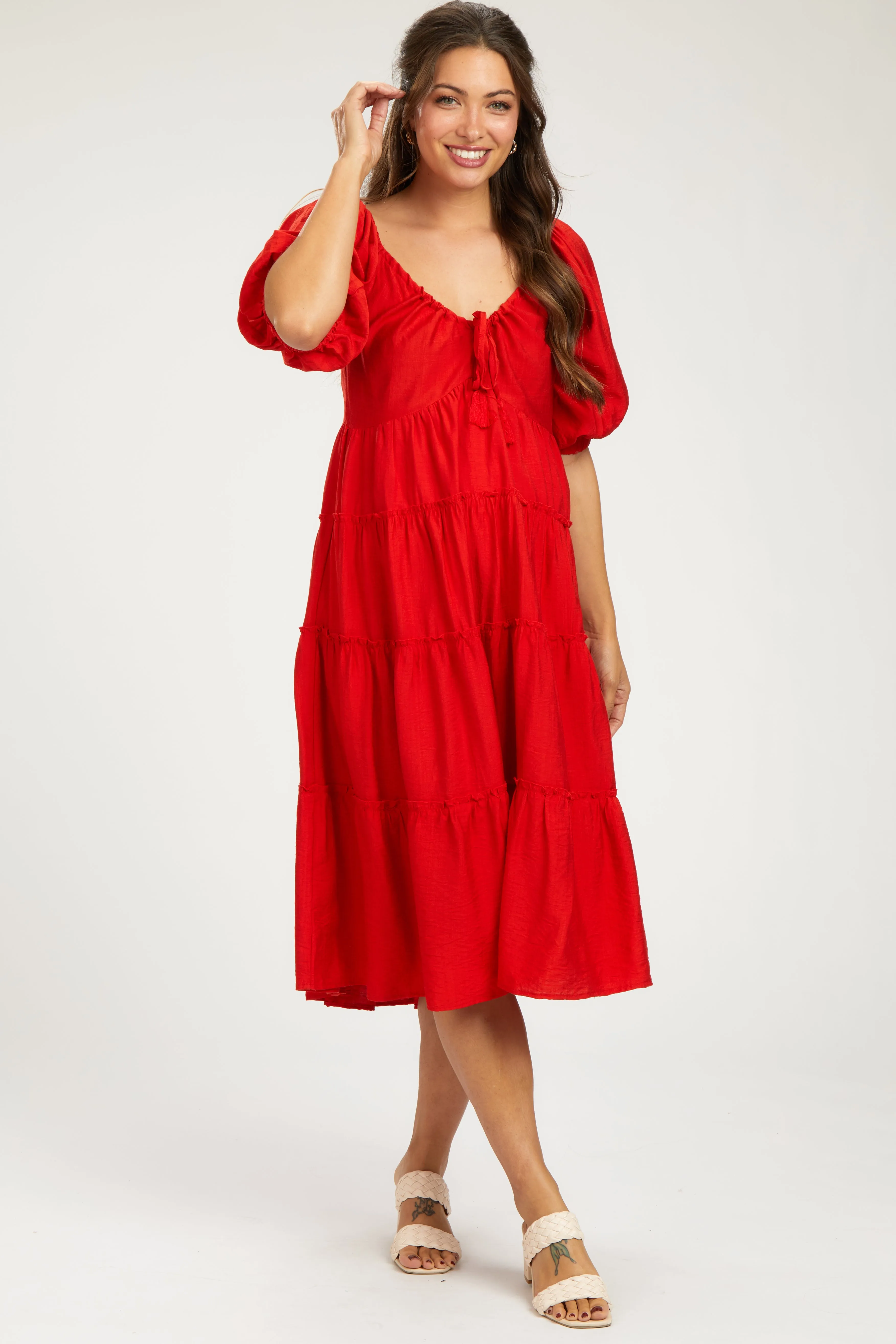 Red Tiered Maternity Midi Dress sold by Pinkblush