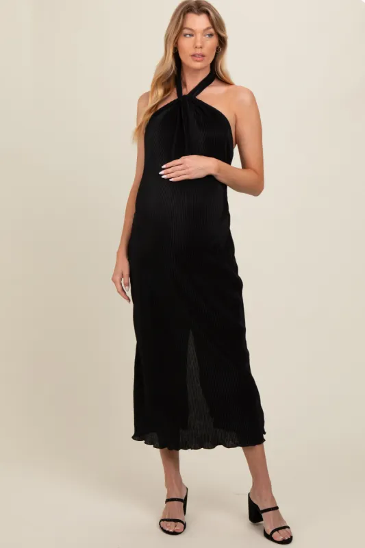 Black Knot Front Plisse Halter Maternity Midi Dress sold by Pinkblush