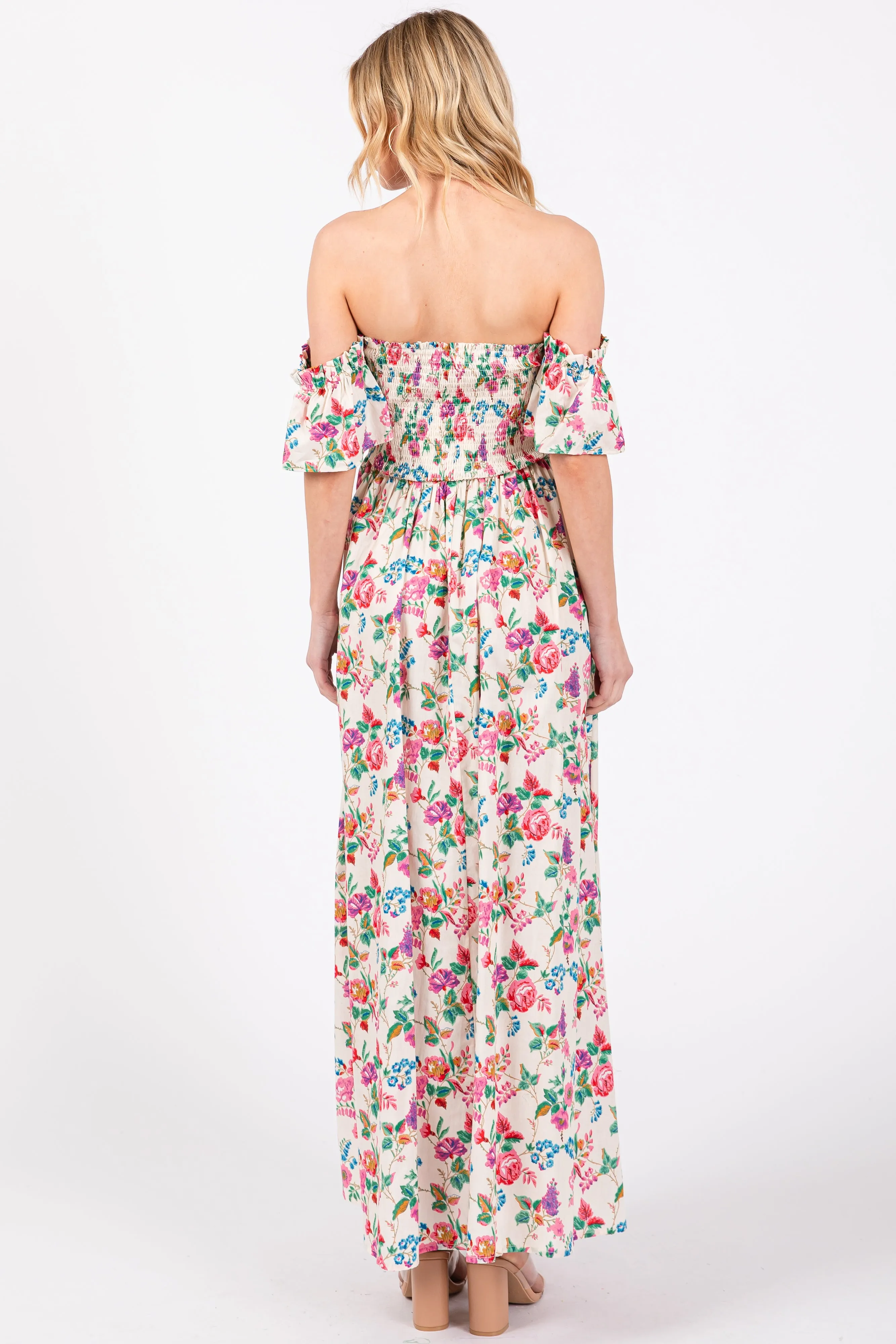 Cream Floral Off Shoulder Dress sold by Pinkblush product image thumbnail 4
