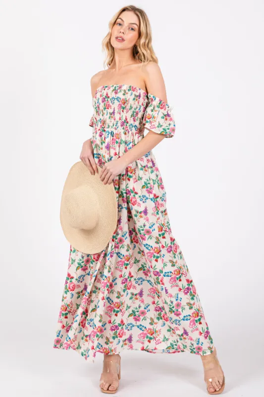 Cream Floral Off Shoulder Dress sold by Pinkblush