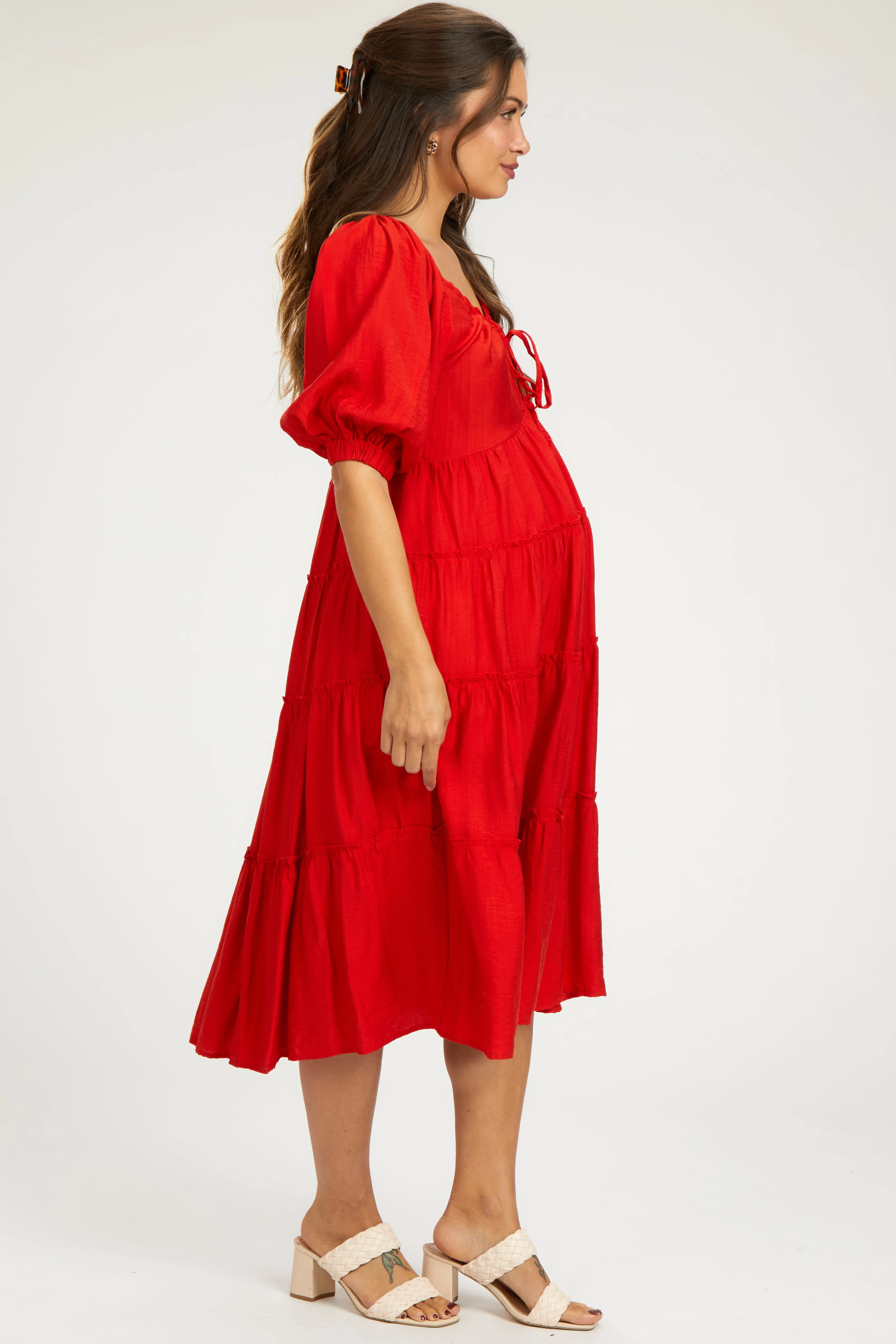 Red Tiered Maternity Midi Dress sold by Pinkblush product image thumbnail 2
