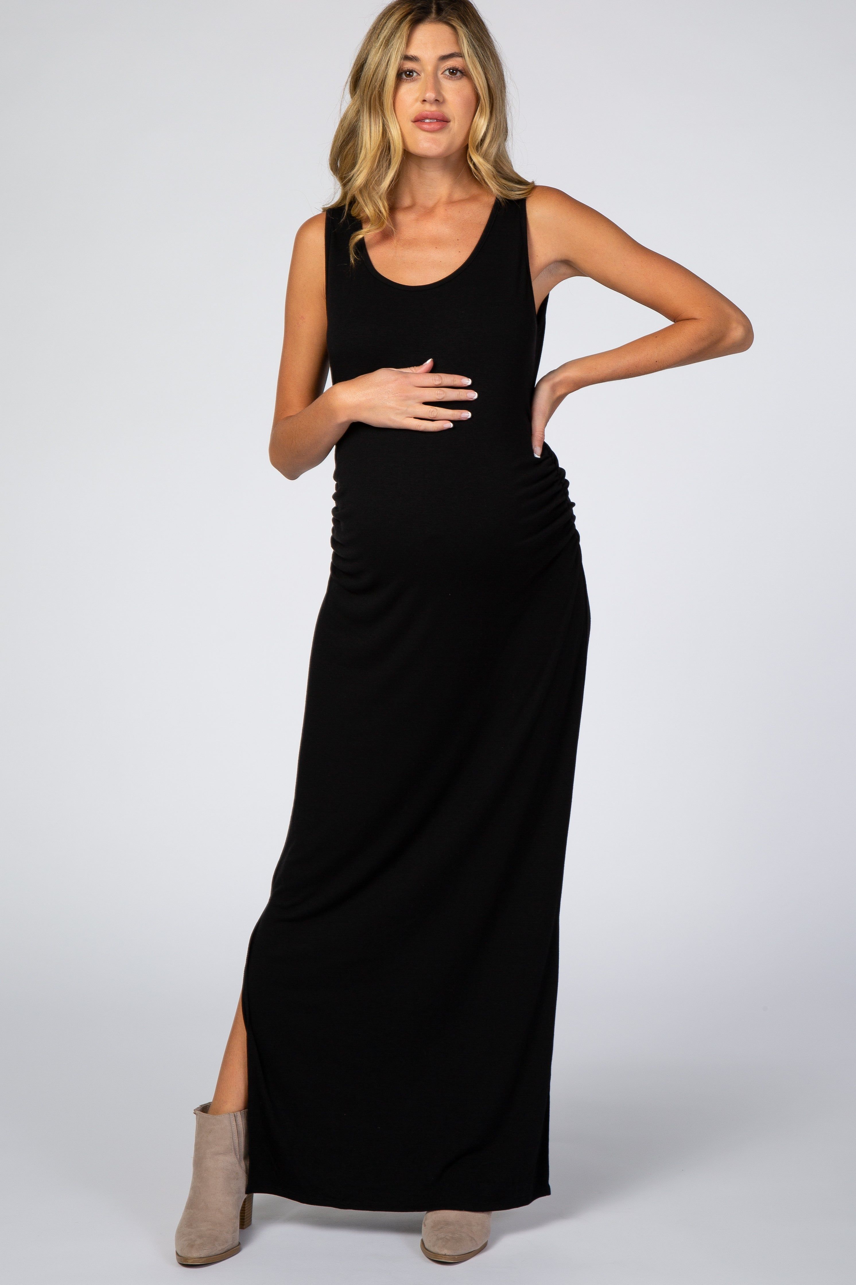 Black Sleeveless Ruched Side Slit Maternity Maxi Dress sold by Pinkblush