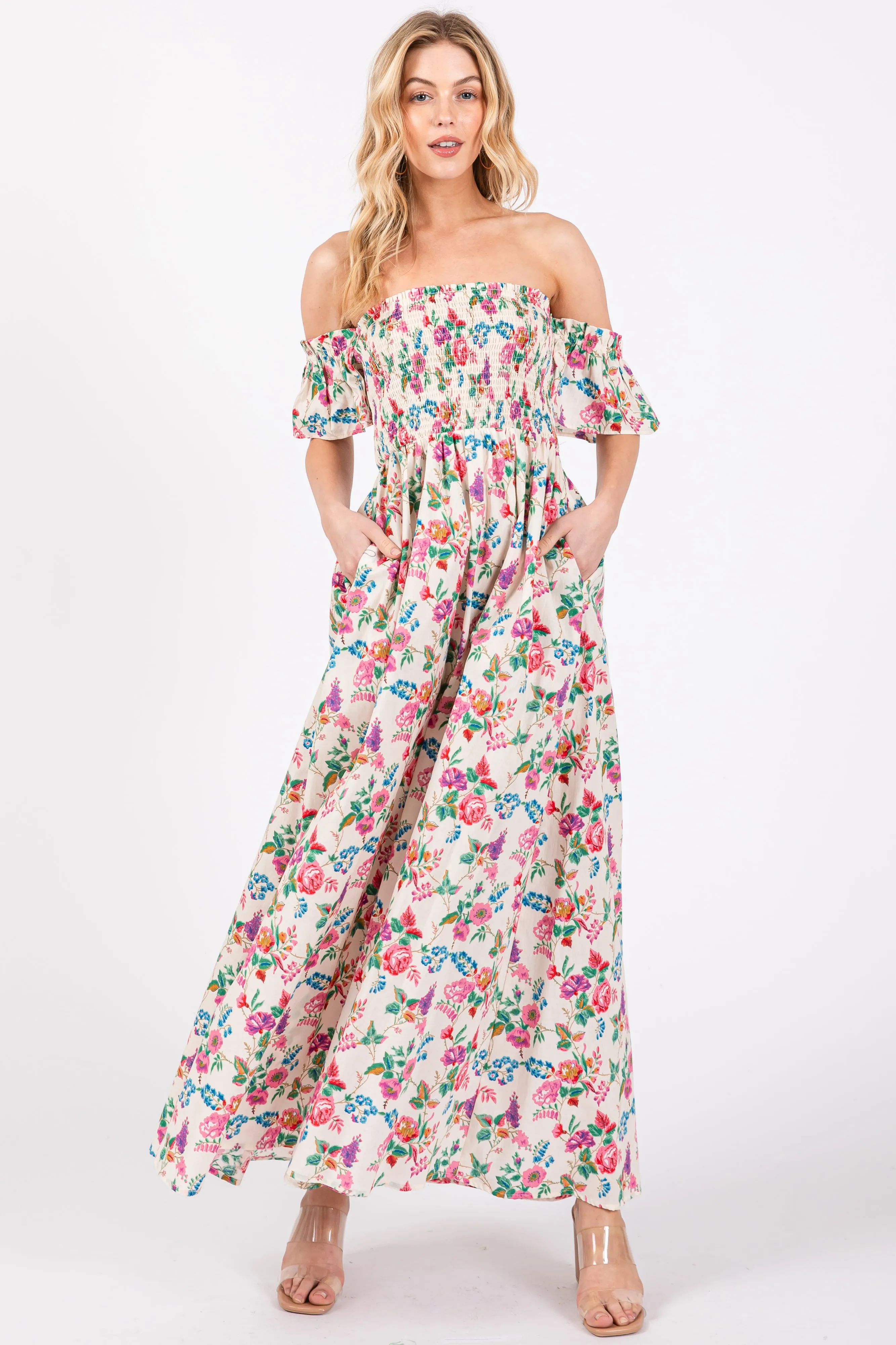 Cream Floral Off Shoulder Dress sold by Pinkblush product image thumbnail 2
