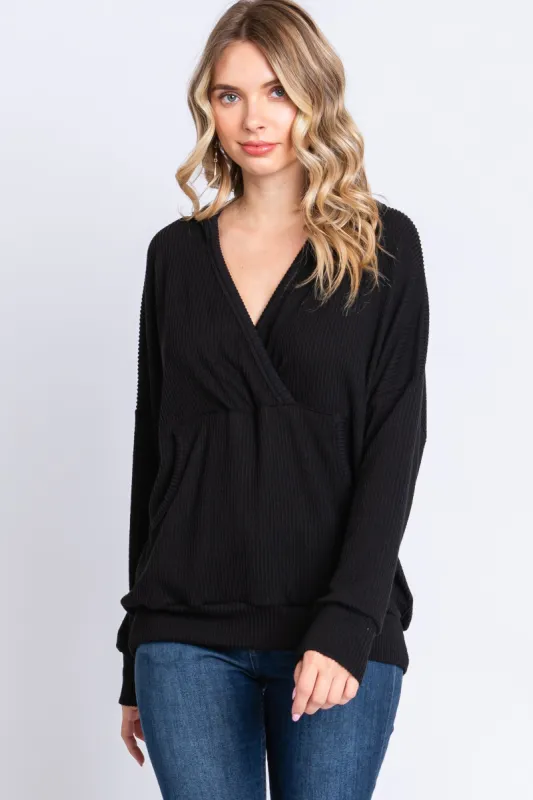 Black Ribbed Hooded Wrap Long Sleeve Top sold by Pinkblush