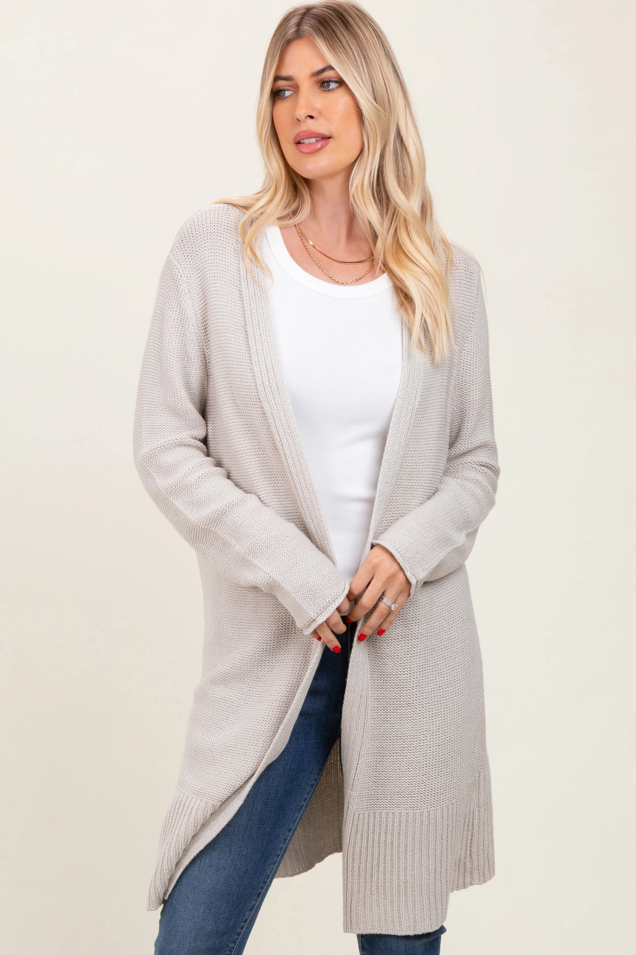 Cream Contrast Rib Long Open Cardigan sold by Pinkblush product image thumbnail 4