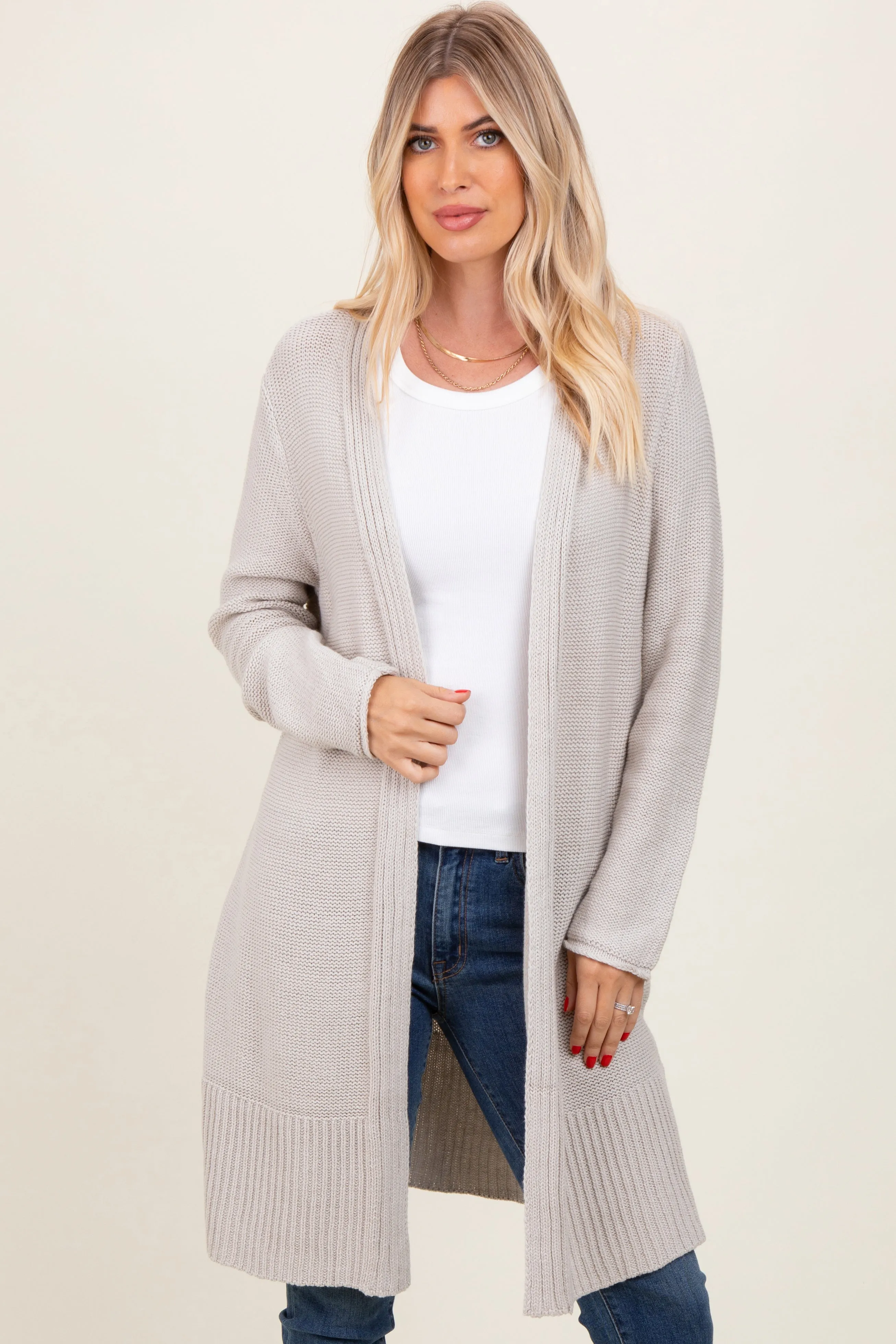 Cream Contrast Rib Long Open Cardigan sold by Pinkblush