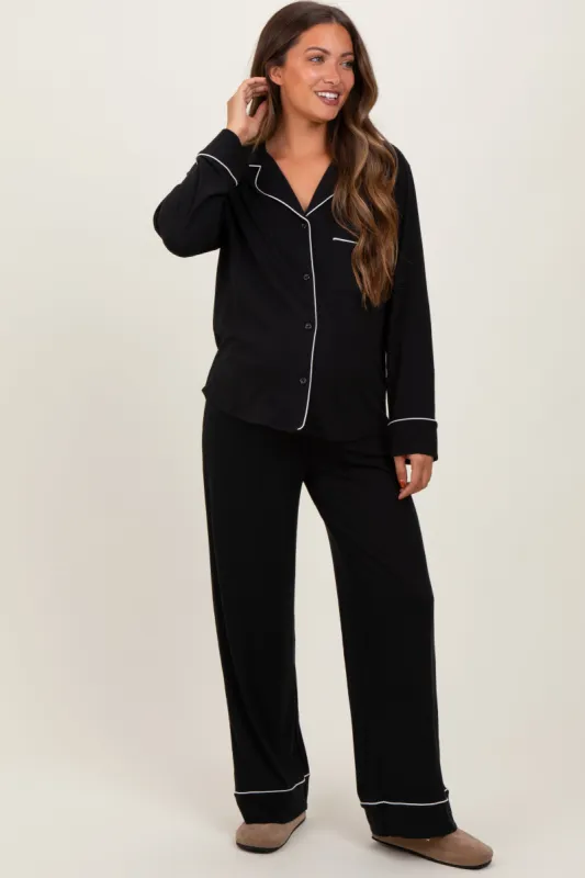Black Button Down Top Wide Leg Pant Maternity Pajama Set sold by Pinkblush