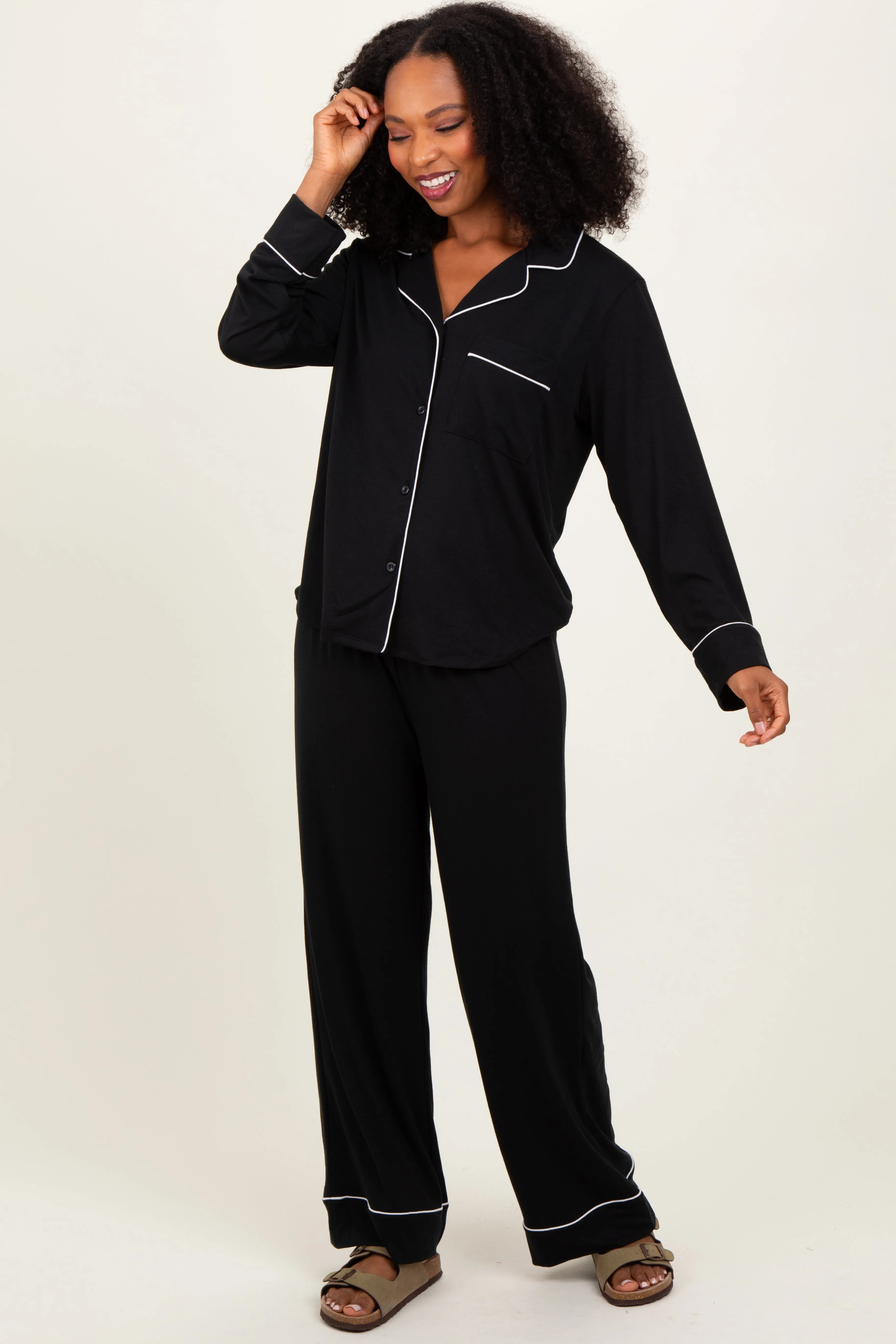 Black Button Down Top Wide Leg Pant Pajama Set sold by Pinkblush product image thumbnail 3