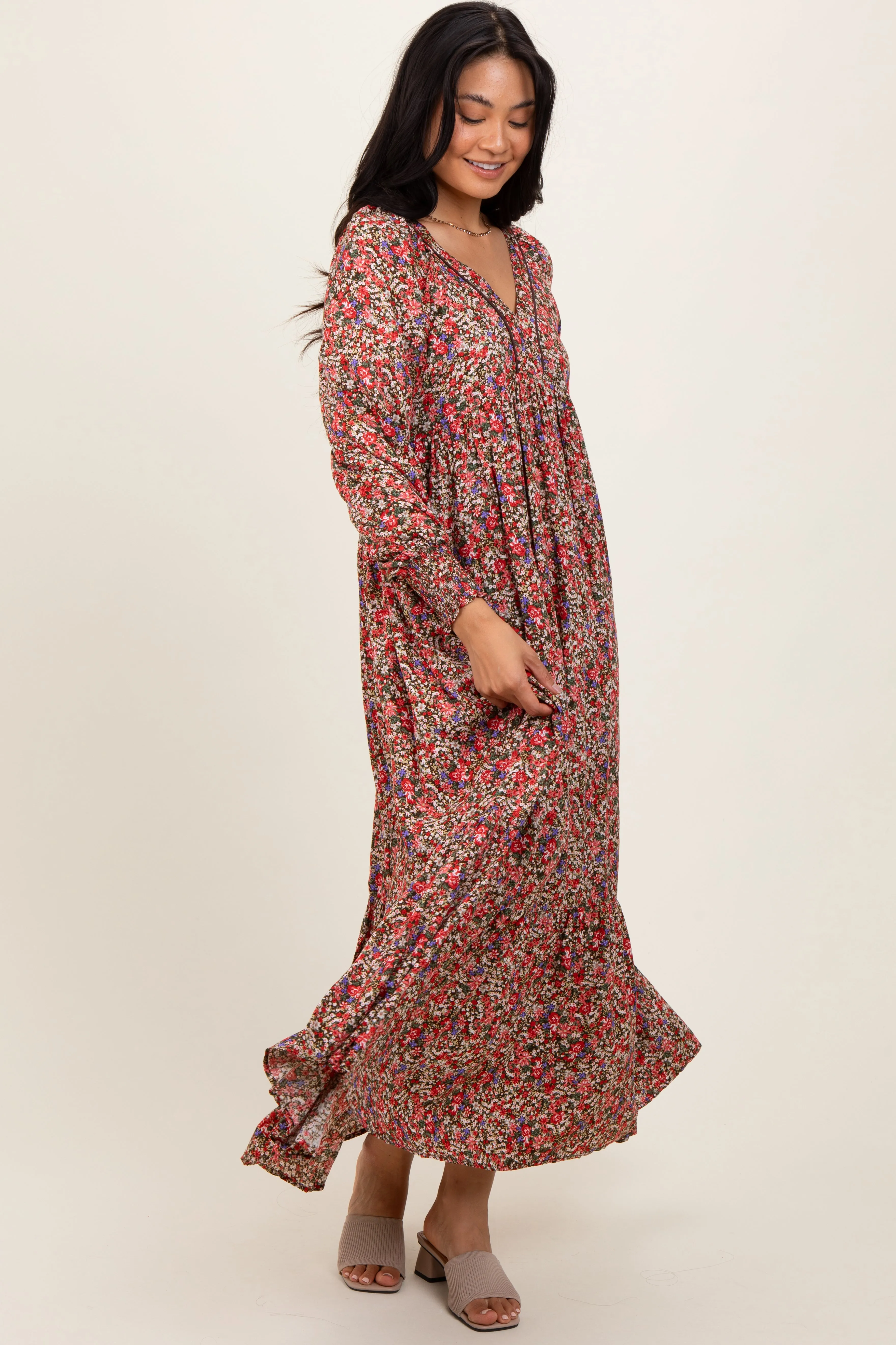 Mocha Floral V-Neck Bubble Sleeve Maxi Dress sold by Pinkblush