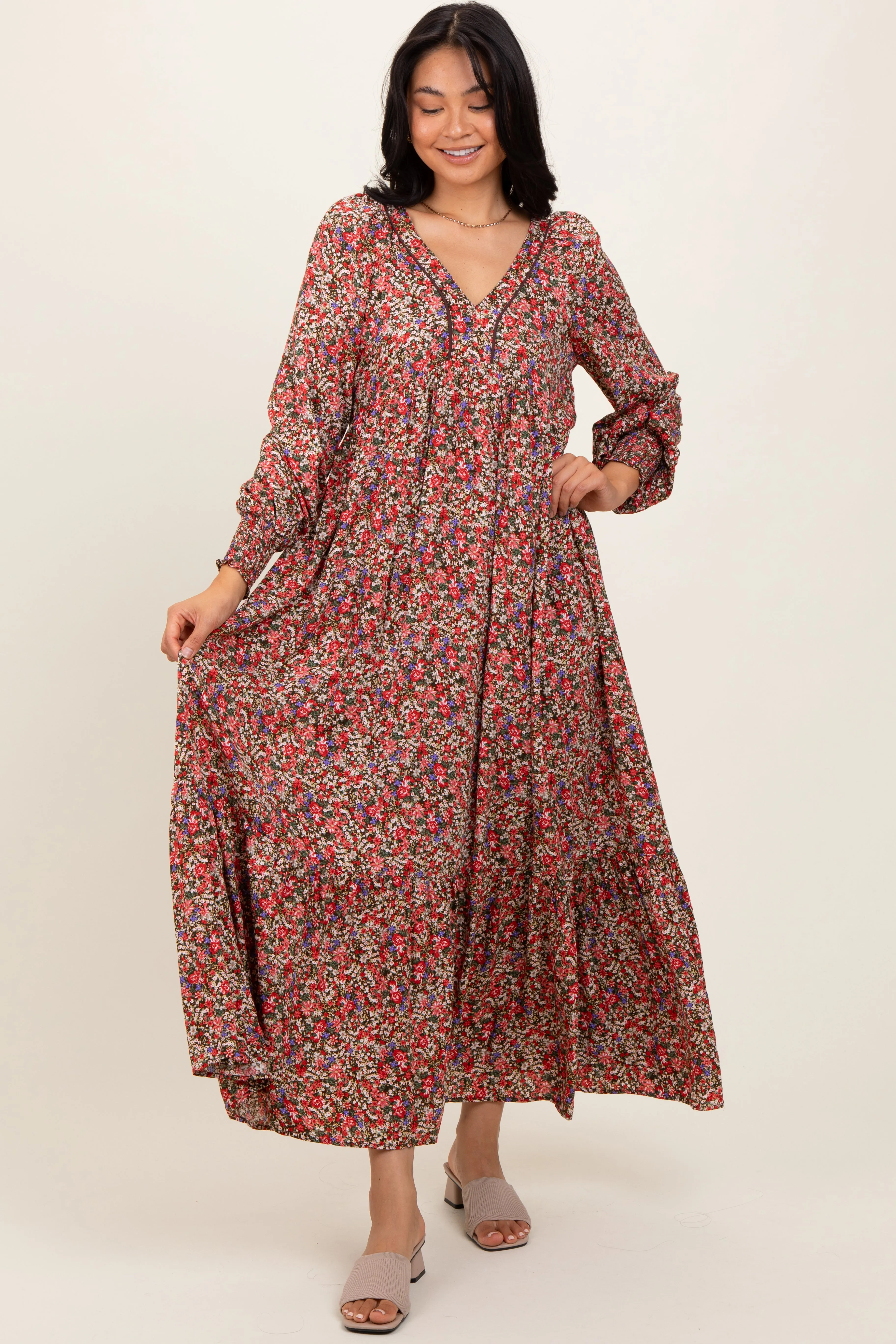 Mocha Floral V-Neck Bubble Sleeve Maxi Dress sold by Pinkblush product image thumbnail 2