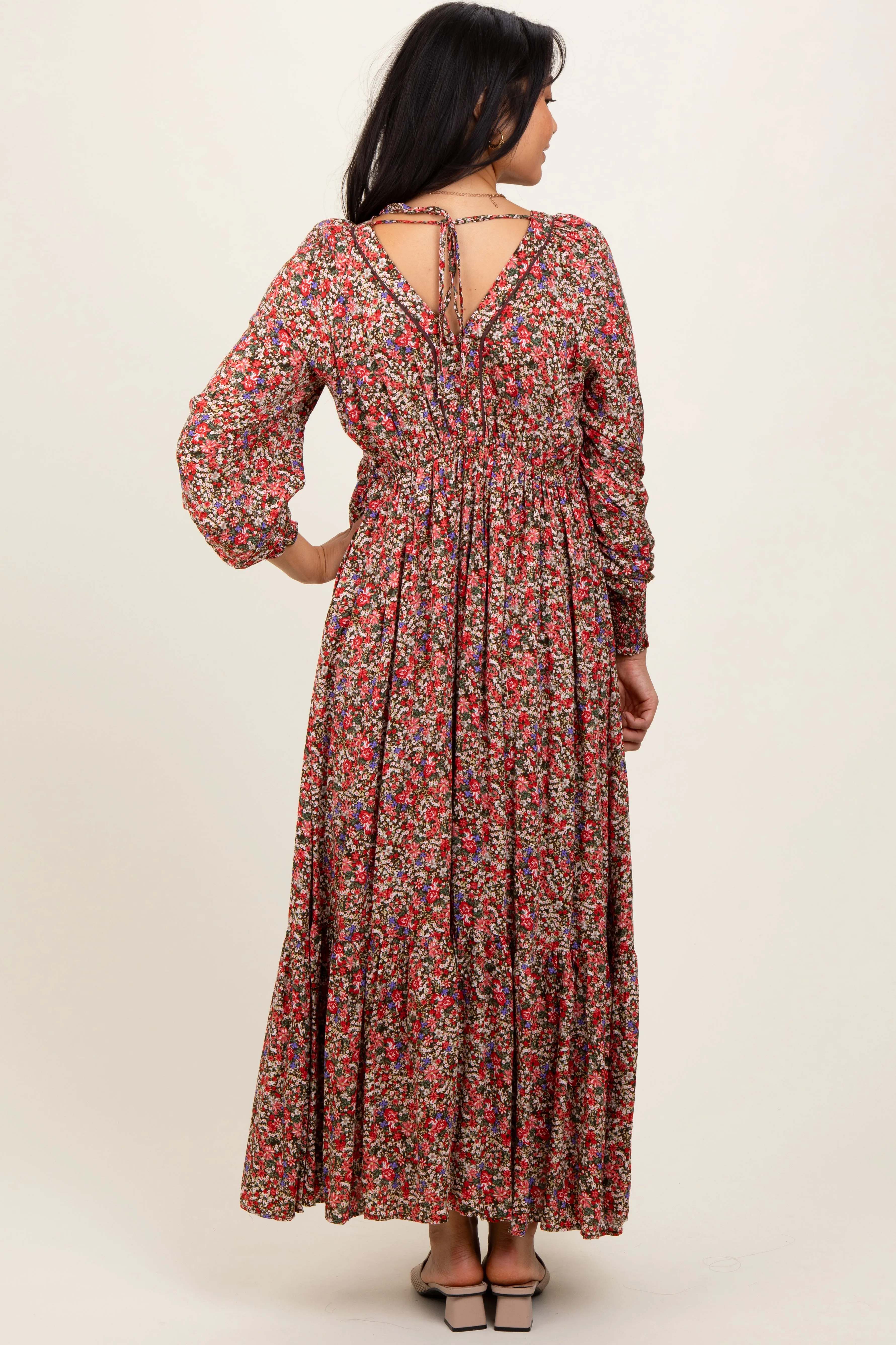 Mocha Floral V-Neck Bubble Sleeve Maxi Dress sold by Pinkblush product image thumbnail 3