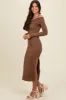 Brown Off Shoulder Ribbed Knit Side Slit Midi Dress sold by Pinkblush