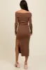 Brown Off Shoulder Ribbed Knit Side Slit Midi Dress sold by Pinkblush