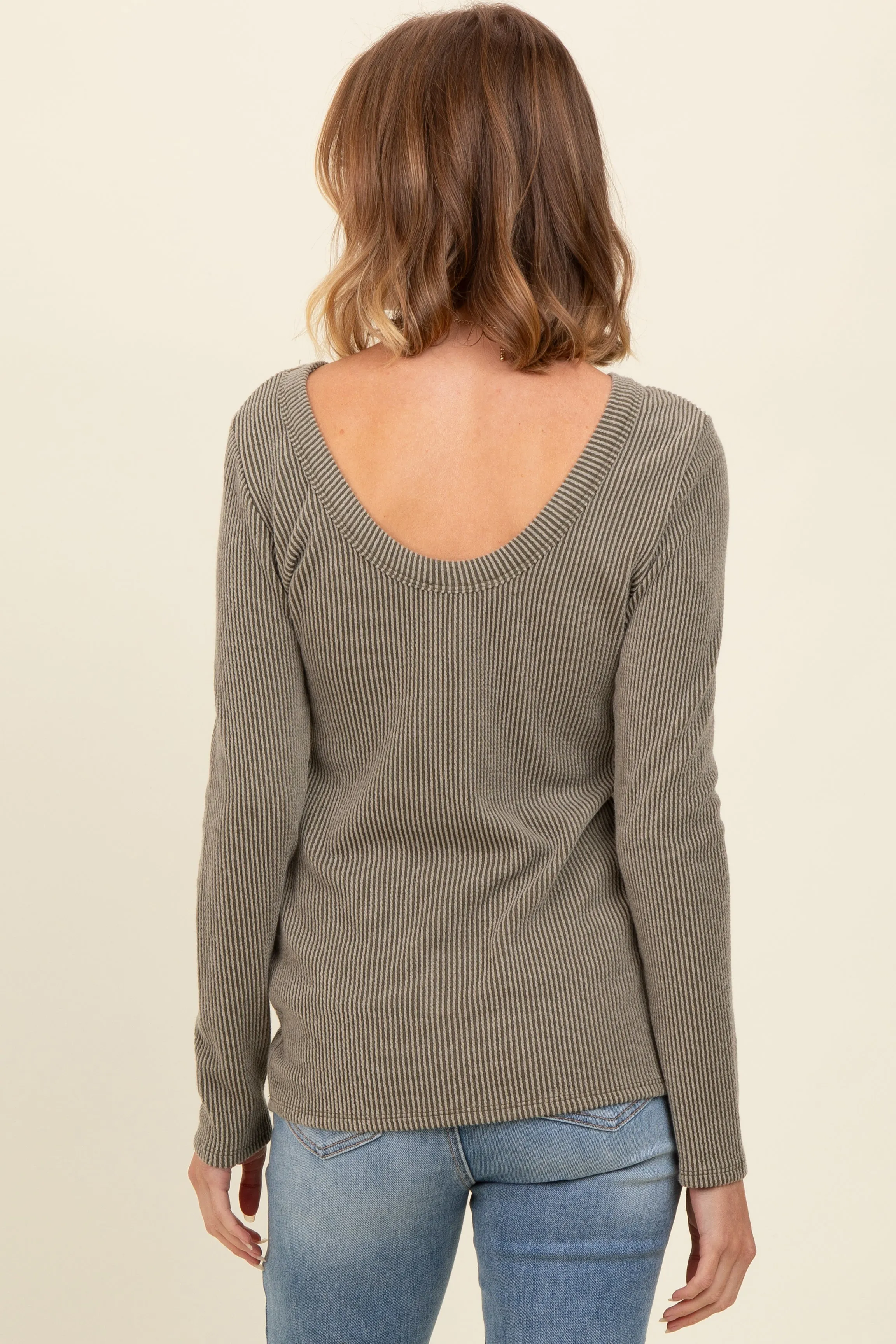 Olive Ribbed Scoop Neck Long Sleeve Top sold by Pinkblush product image thumbnail 3