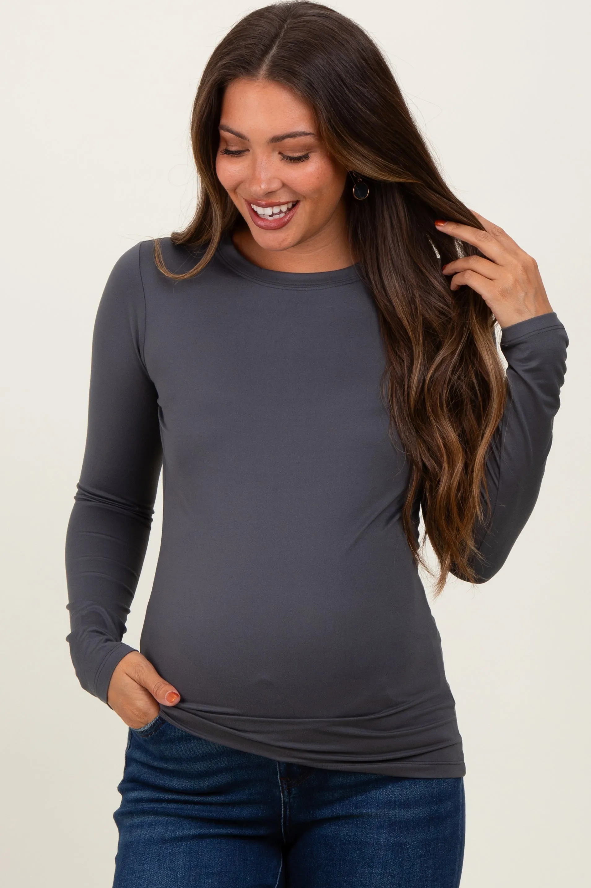 Grey Microfiber Basic Long Sleeve Maternity Top sold by Pinkblush