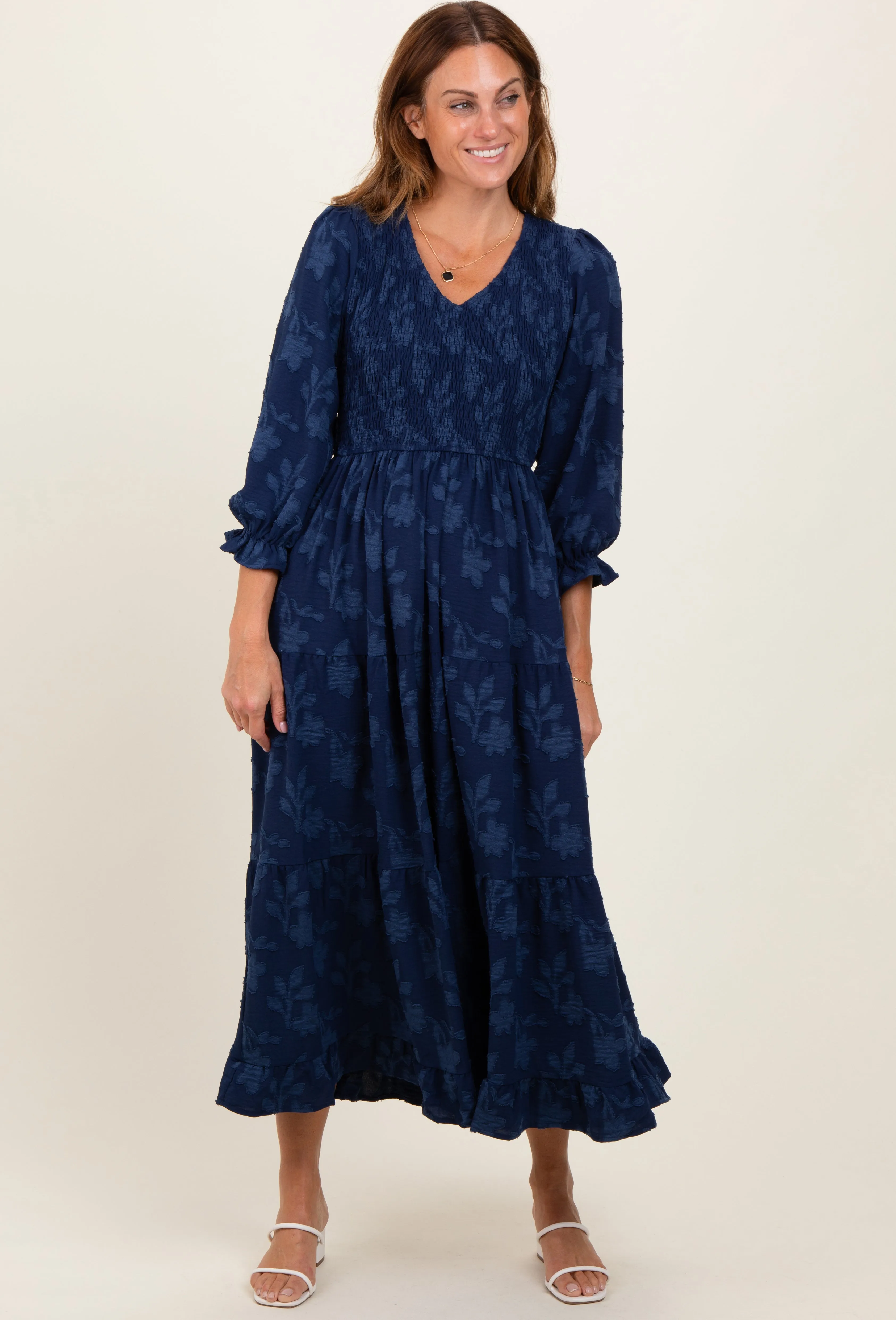 Navy Floral Smocked V-Neck Maxi Dress sold by Pinkblush