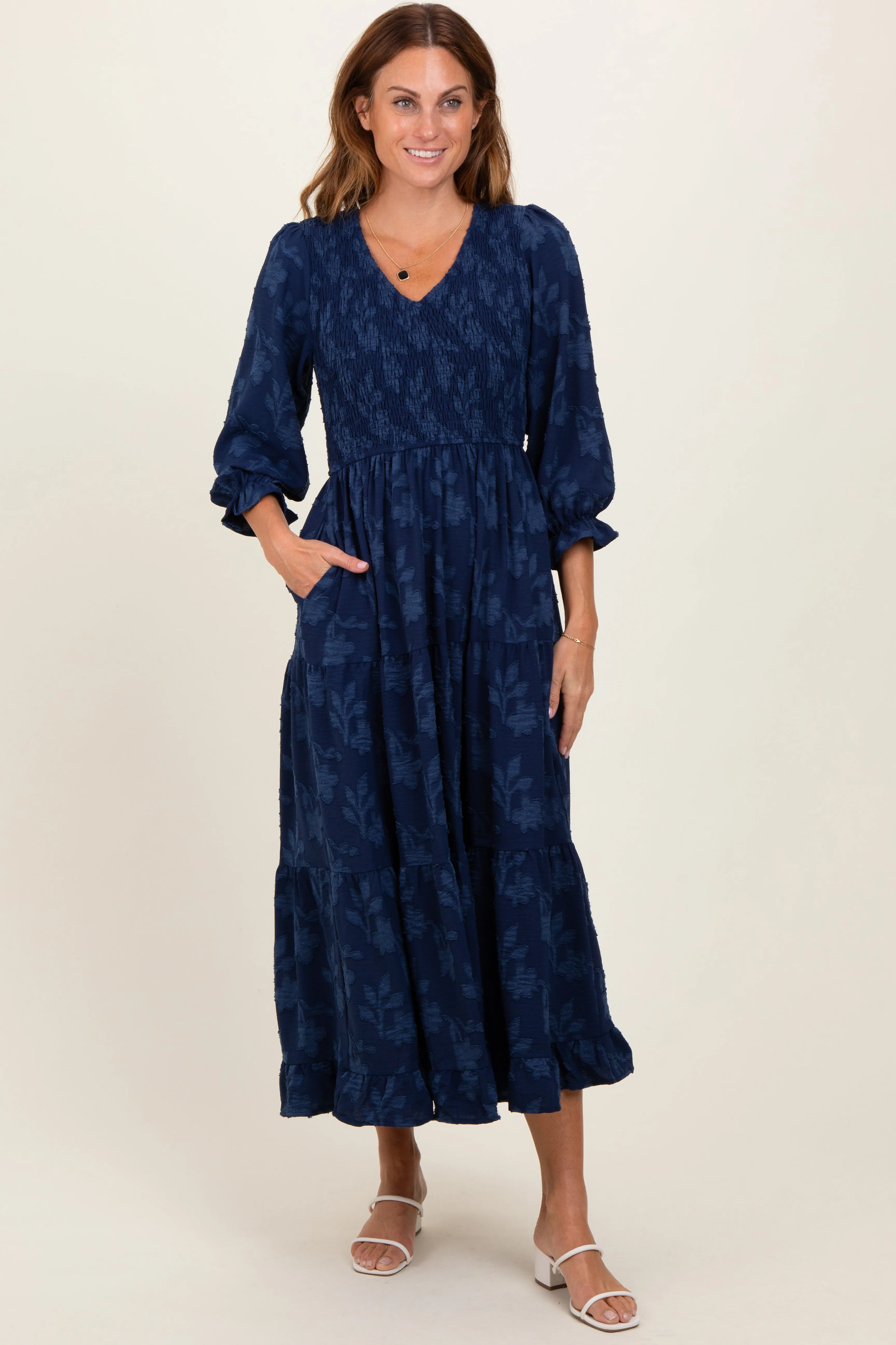 Navy Floral Smocked V-Neck Maxi Dress sold by Pinkblush product image thumbnail 2