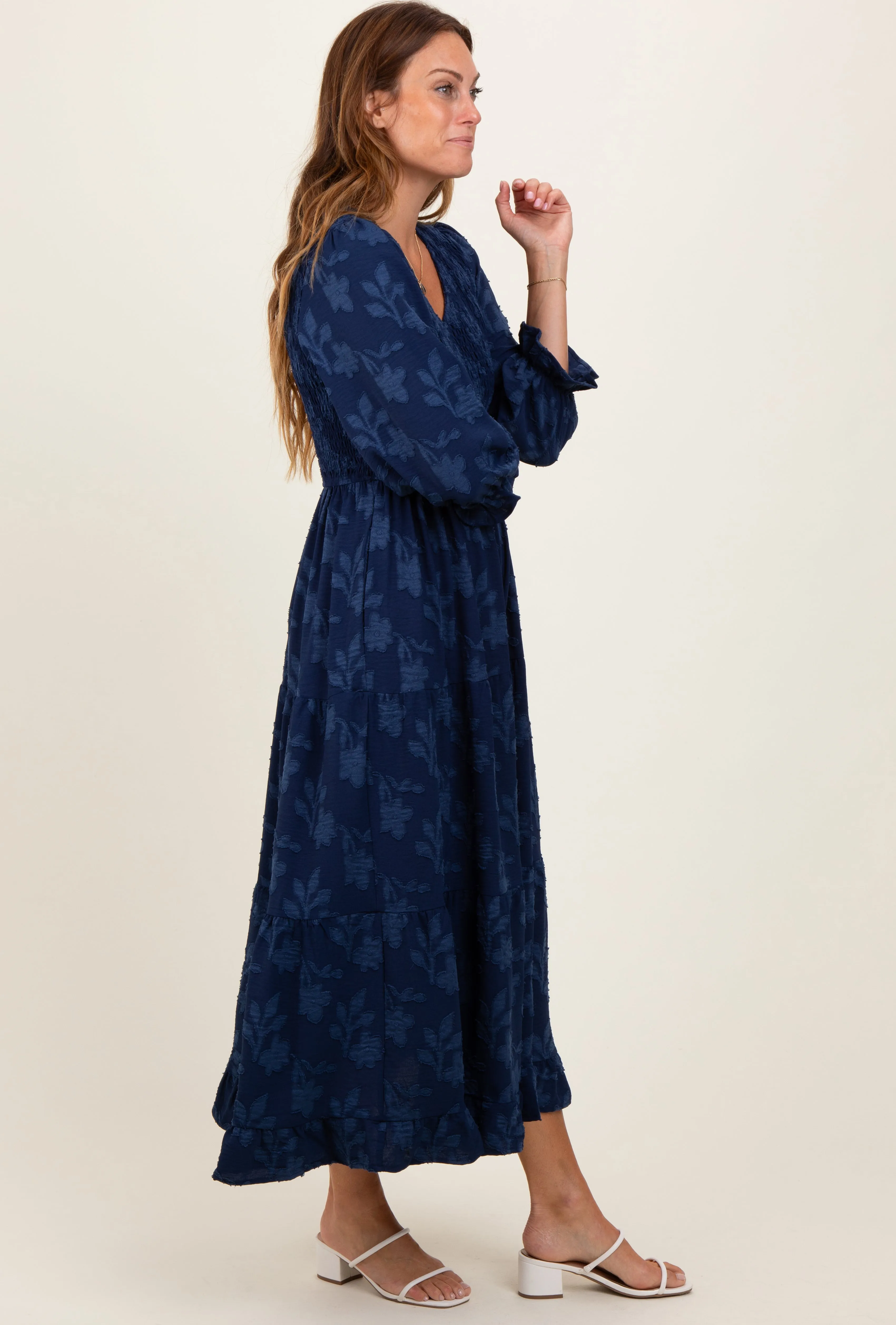 Navy Floral Smocked V-Neck Maxi Dress sold by Pinkblush product image thumbnail 3