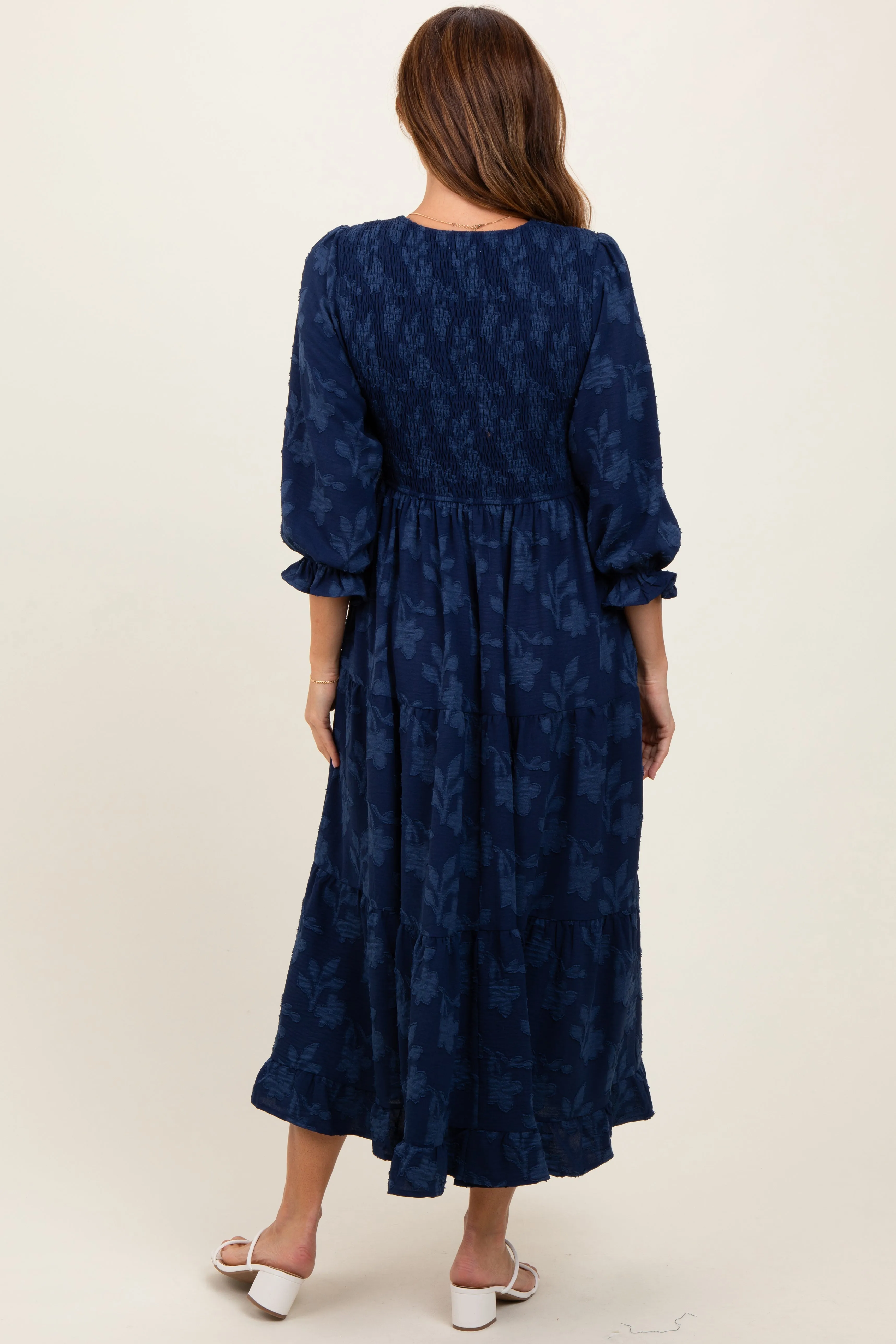 Navy Floral Smocked V-Neck Maxi Dress sold by Pinkblush product image thumbnail 4