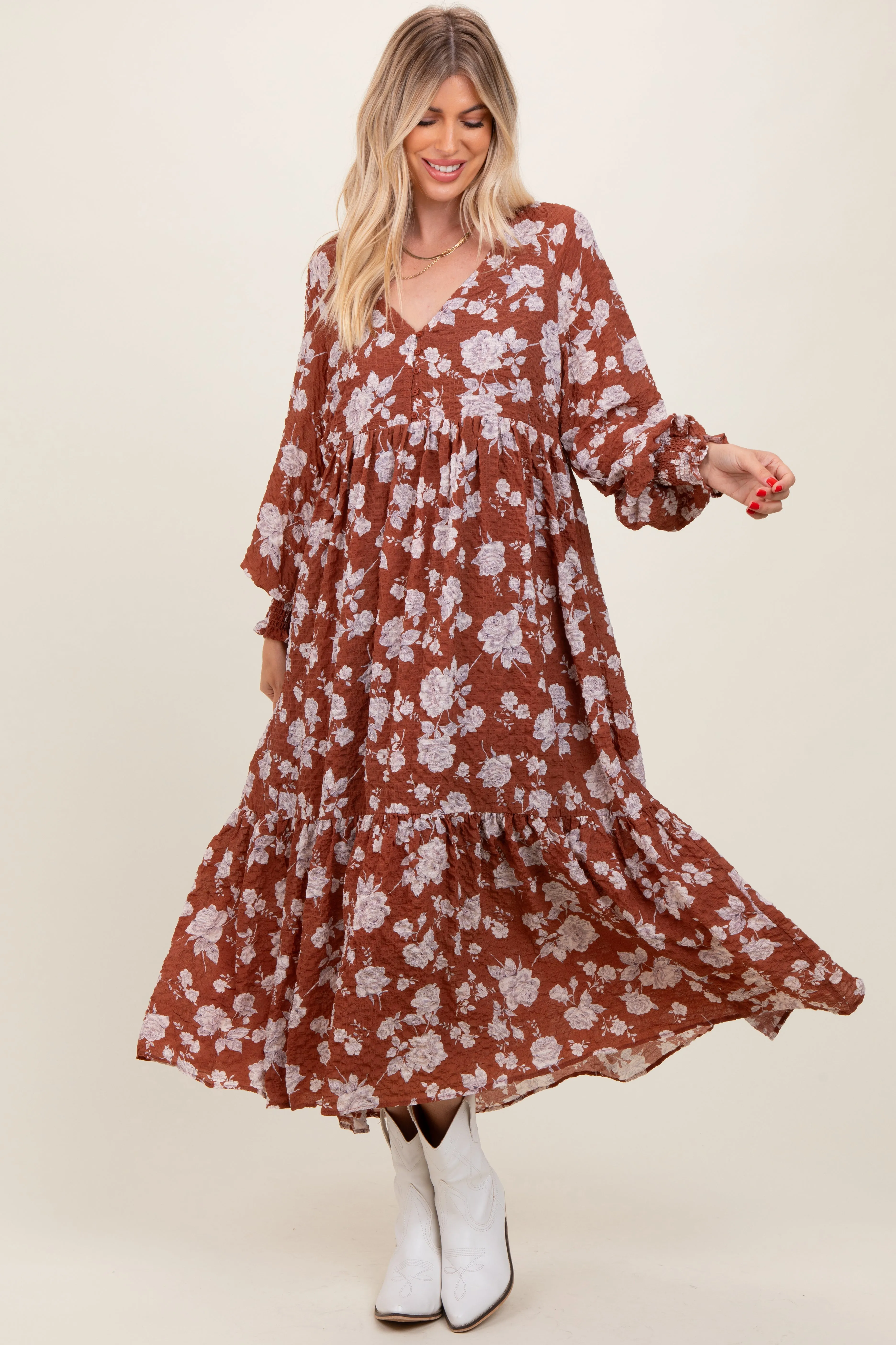 Rust Floral Textured Bubble Sleeve Maxi Dress sold by Pinkblush product image thumbnail 4