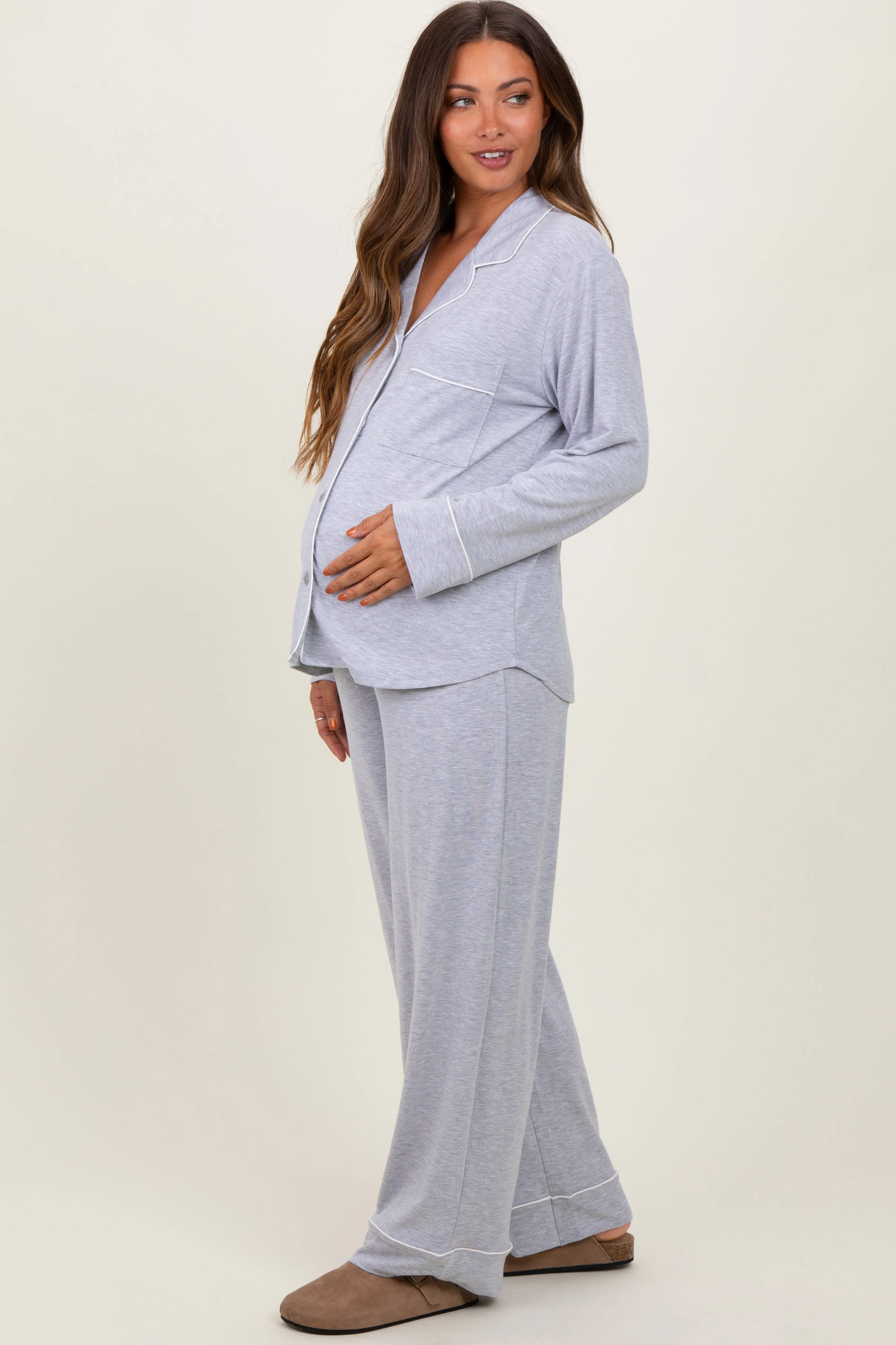 Heather Grey Button Down Top Wide Leg Pant Maternity Pajama Set sold by Pinkblush product image thumbnail 3