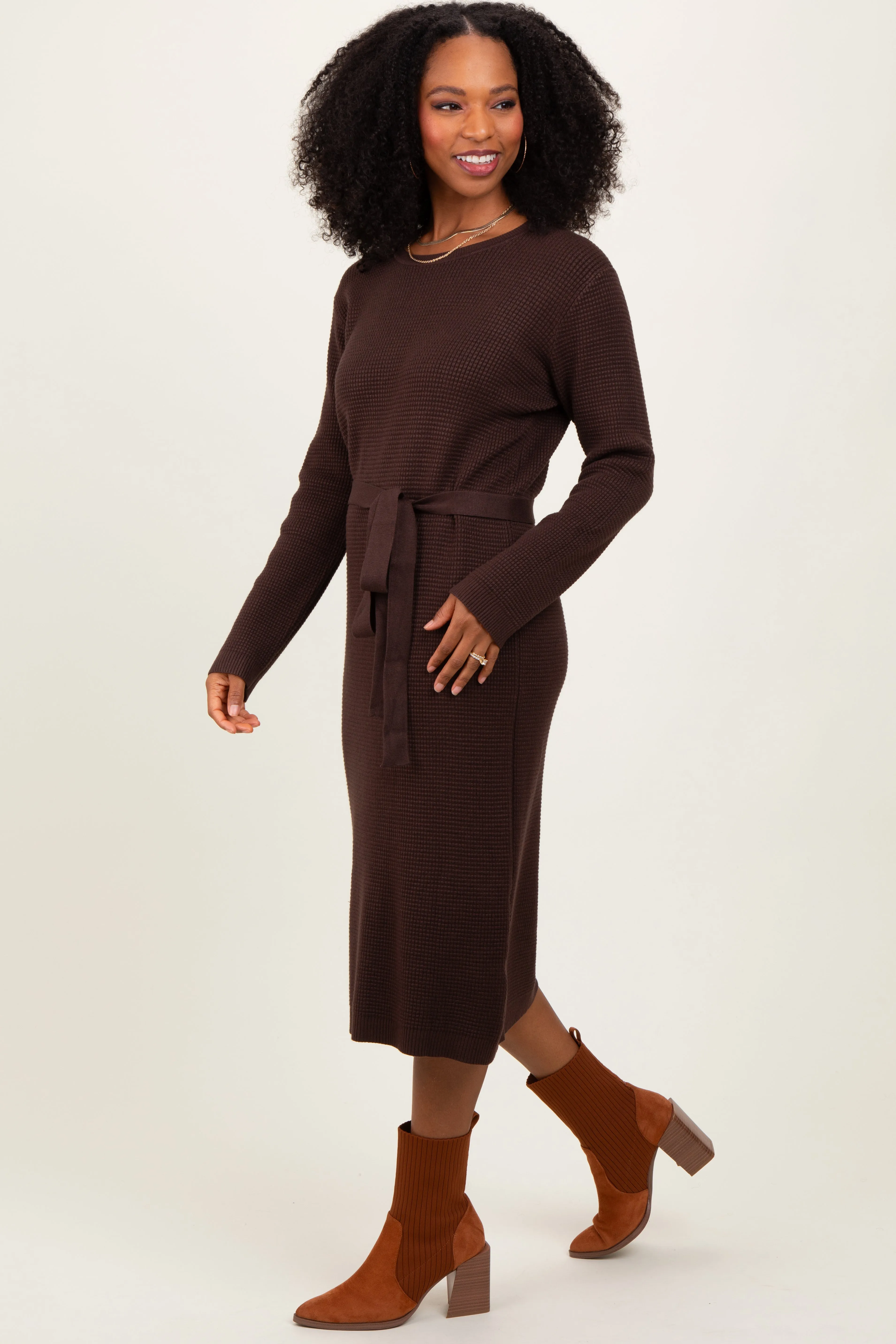 Brown Waffle Knit Sash Tie Midi Sweater Dress sold by Pinkblush product image thumbnail 3