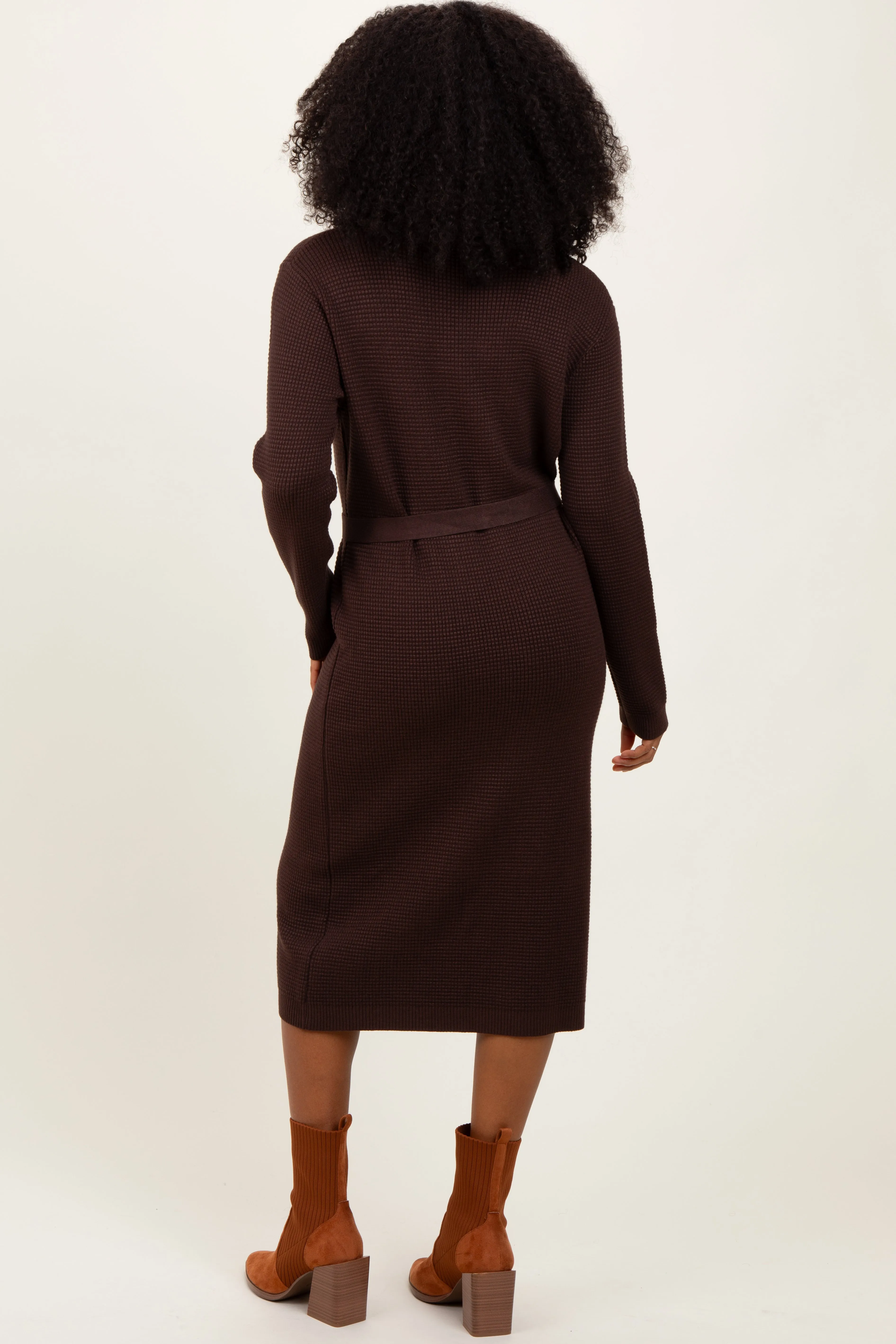Brown Waffle Knit Sash Tie Midi Sweater Dress sold by Pinkblush product image thumbnail 4