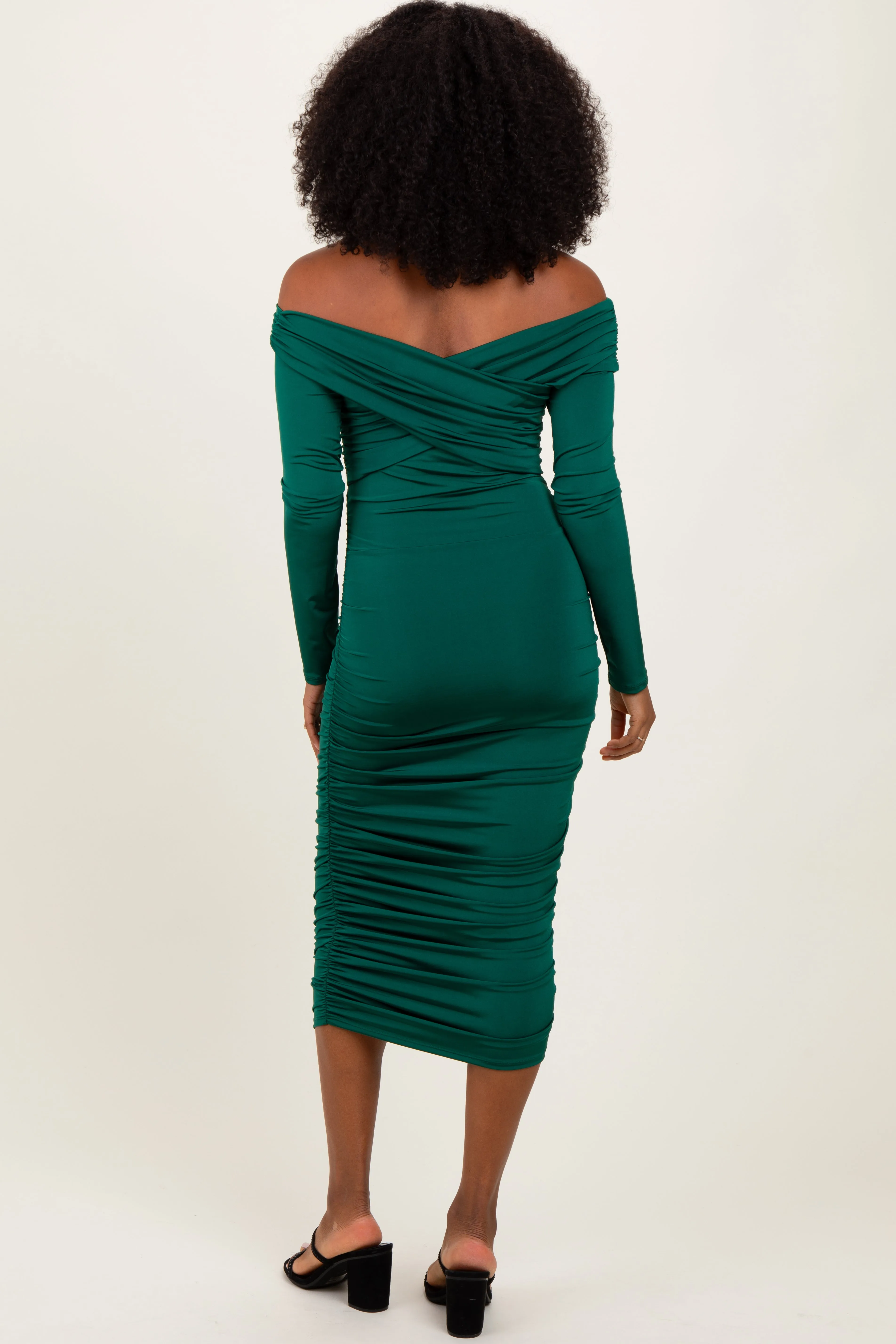 Green Off Shoulder Ruched Long Sleeve Midi Dress sold by Pinkblush product image thumbnail 4
