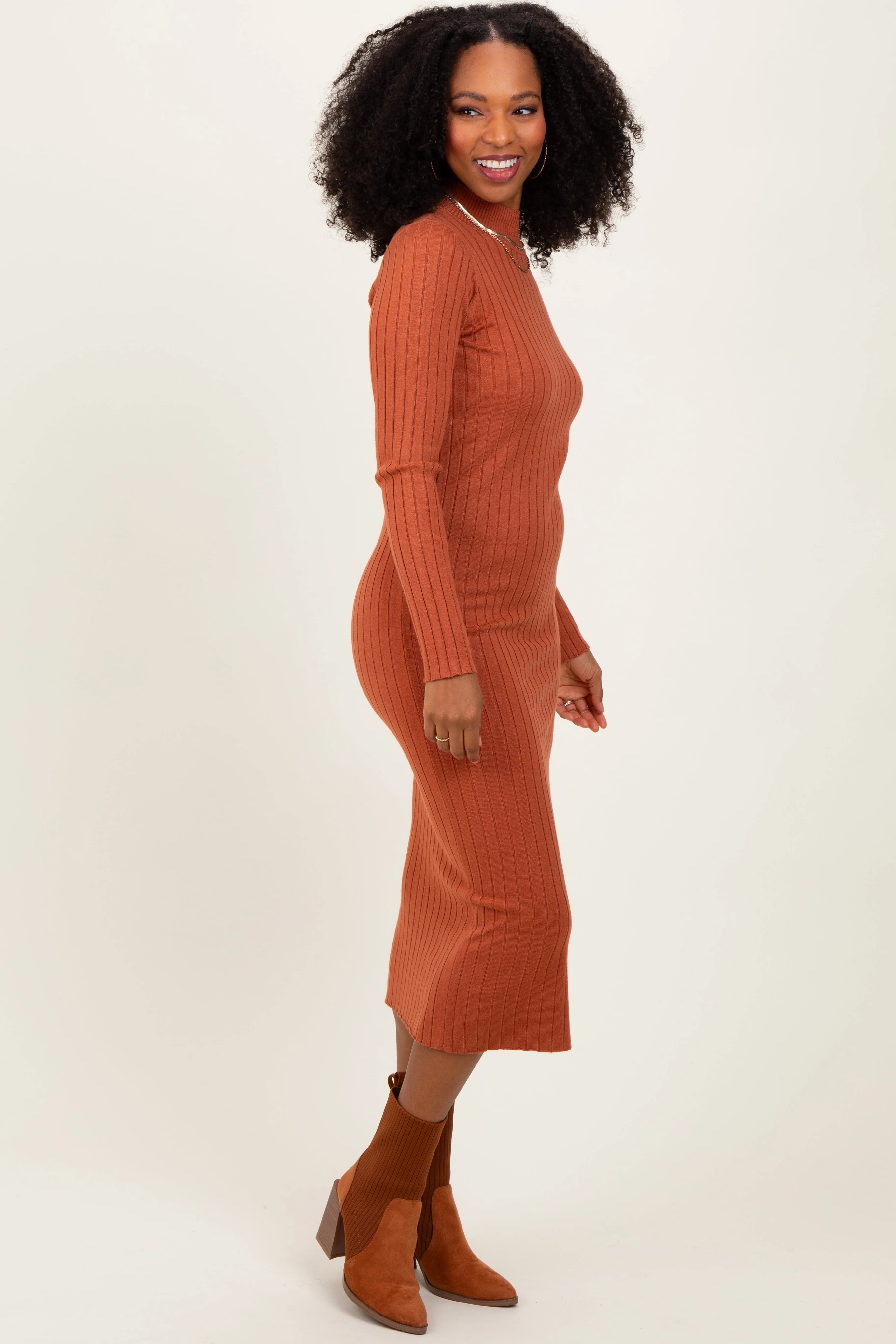 Rust Mock Neck Ribbed Sweater Dress sold by Pinkblush product image thumbnail 3