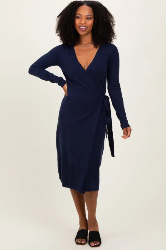 Navy Blue Knit Long Sleeve Wrap Midi Dress sold by Pinkblush