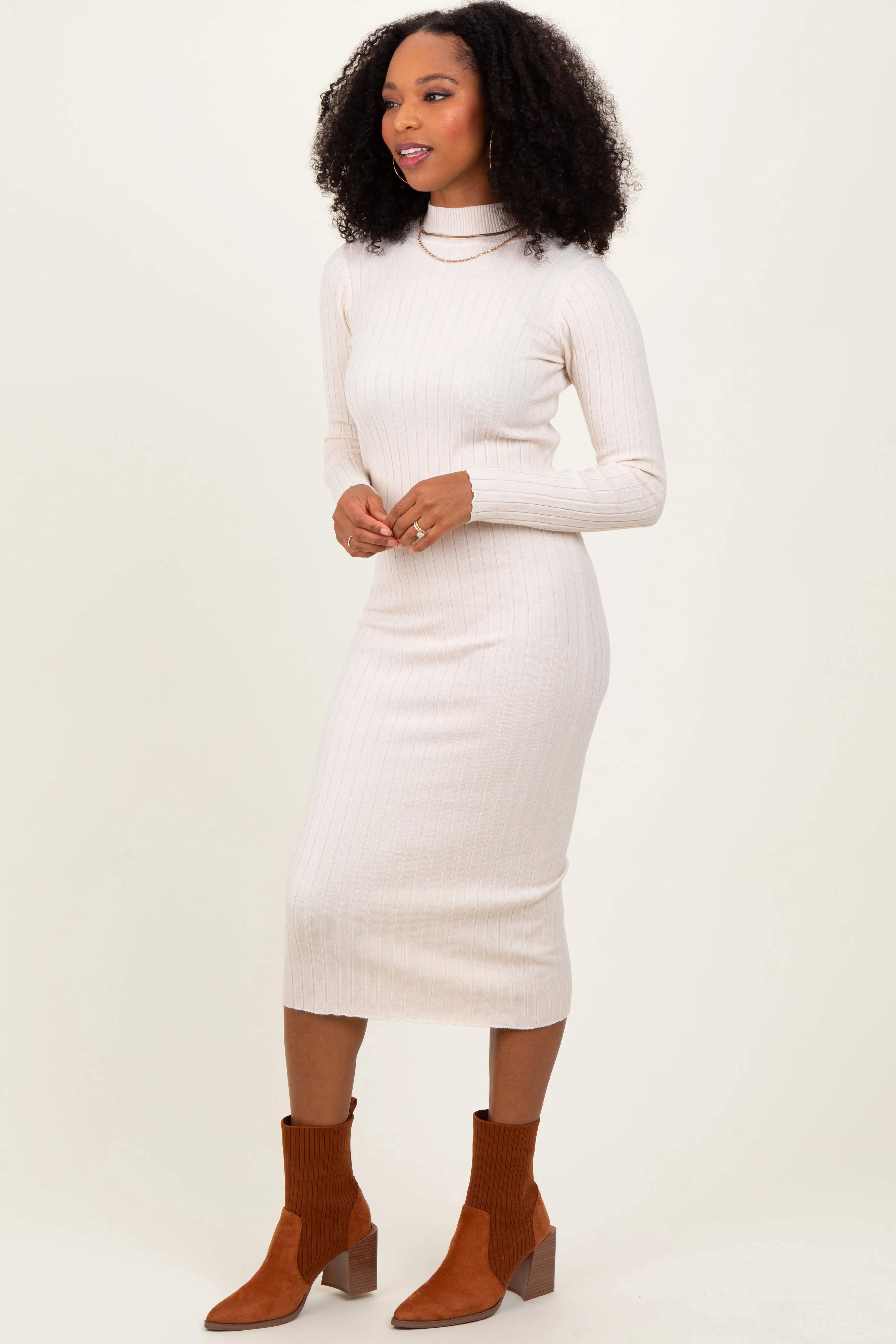Beige Mock Neck Ribbed Sweater Dress sold by Pinkblush product image thumbnail 3