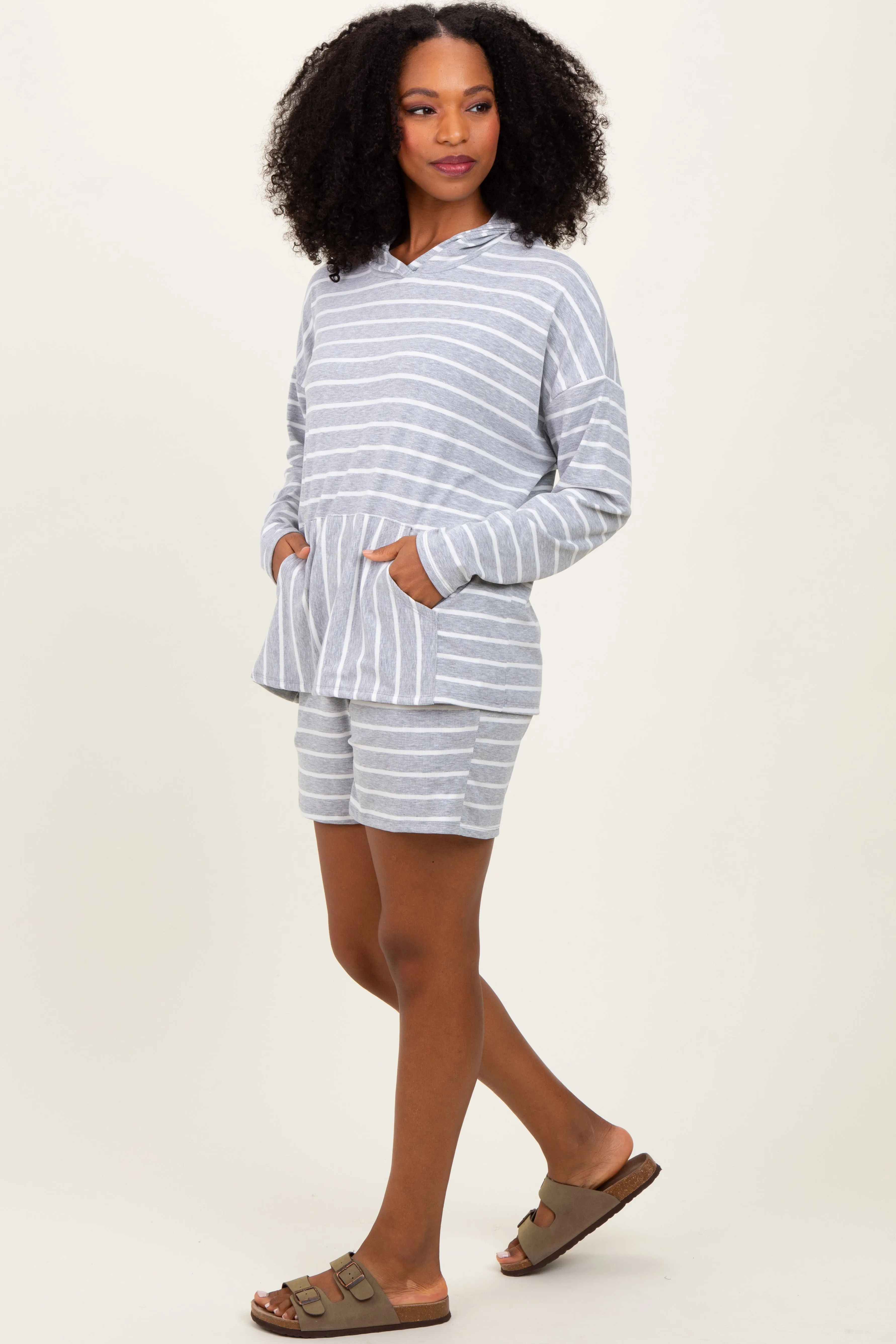 Heather Grey Cozy Striped Ribbed Two-Piece Lounge Set sold by Pinkblush product image thumbnail 2
