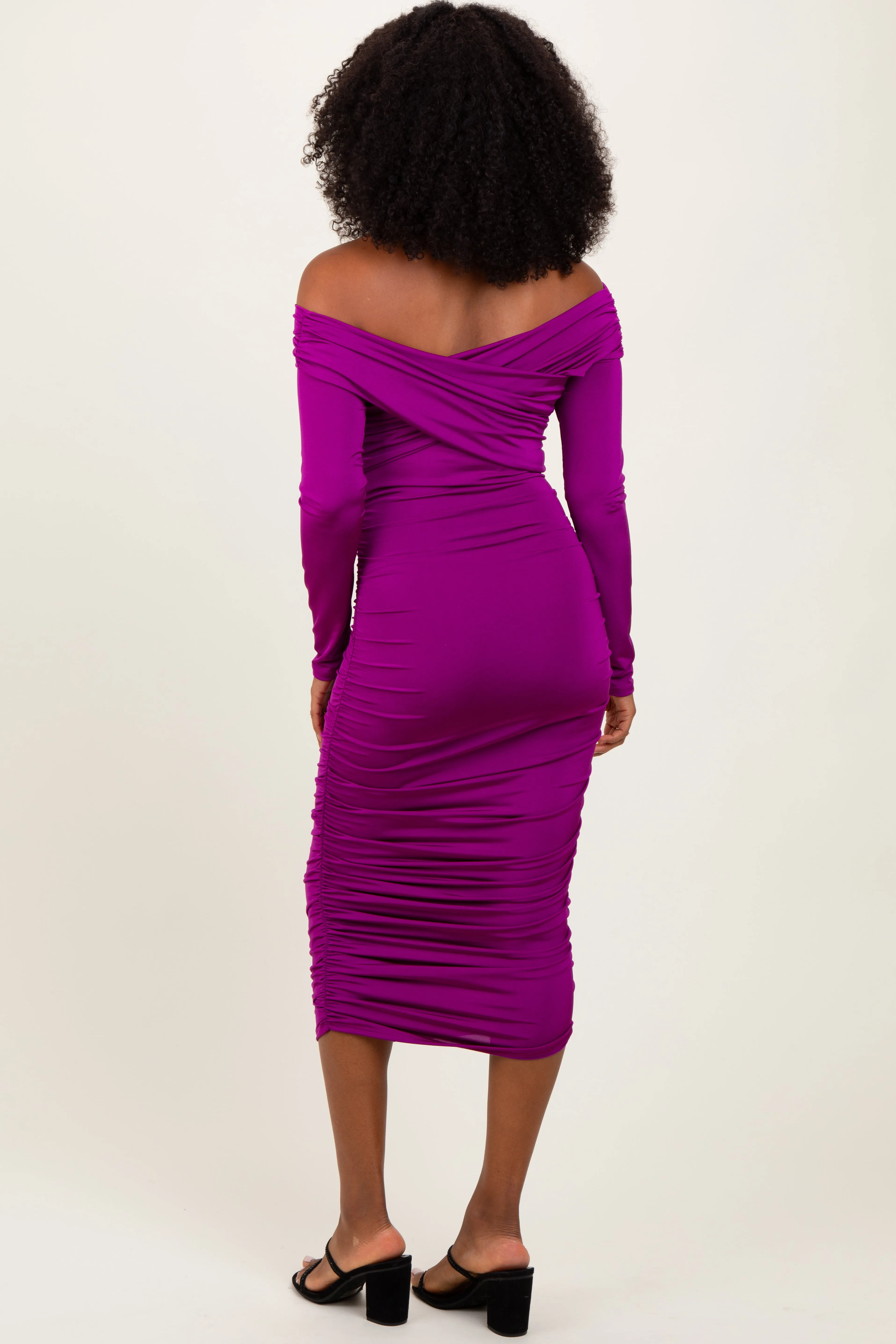 Purple Off Shoulder Ruched Long Sleeve Midi Dress sold by Pinkblush product image thumbnail 3