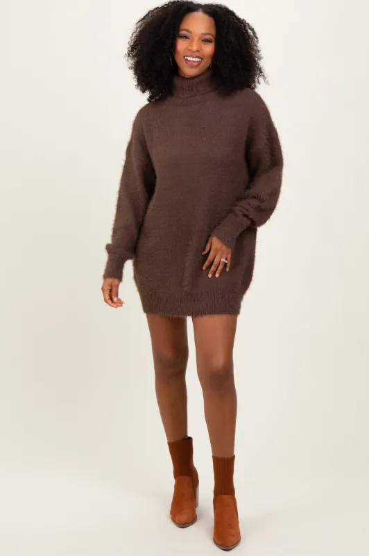 Cream Fuzzy Knit Turtleneck Sweater Mini Dress sold by Pinkblush