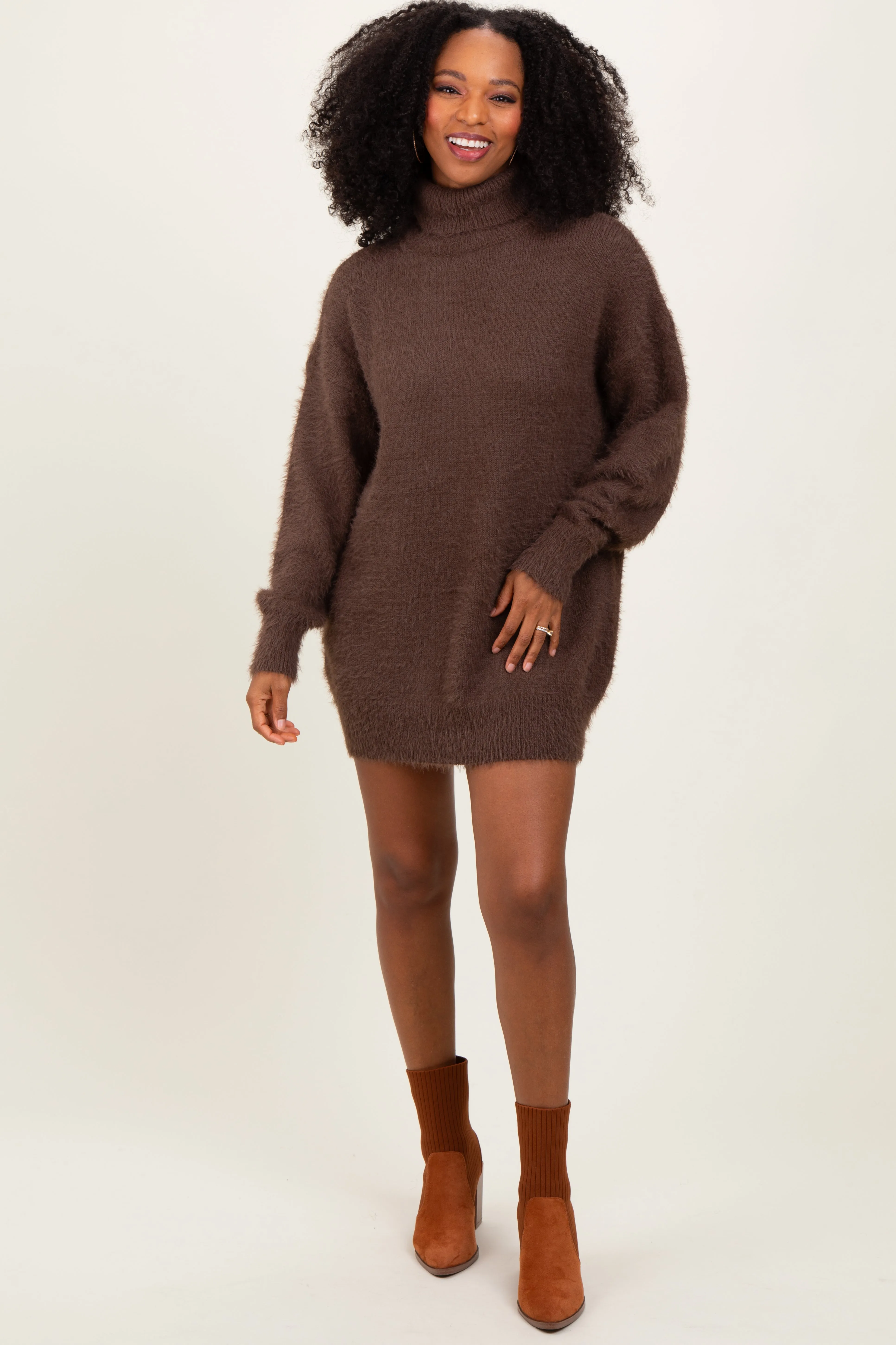 Cream Fuzzy Knit Turtleneck Sweater Mini Dress sold by Pinkblush