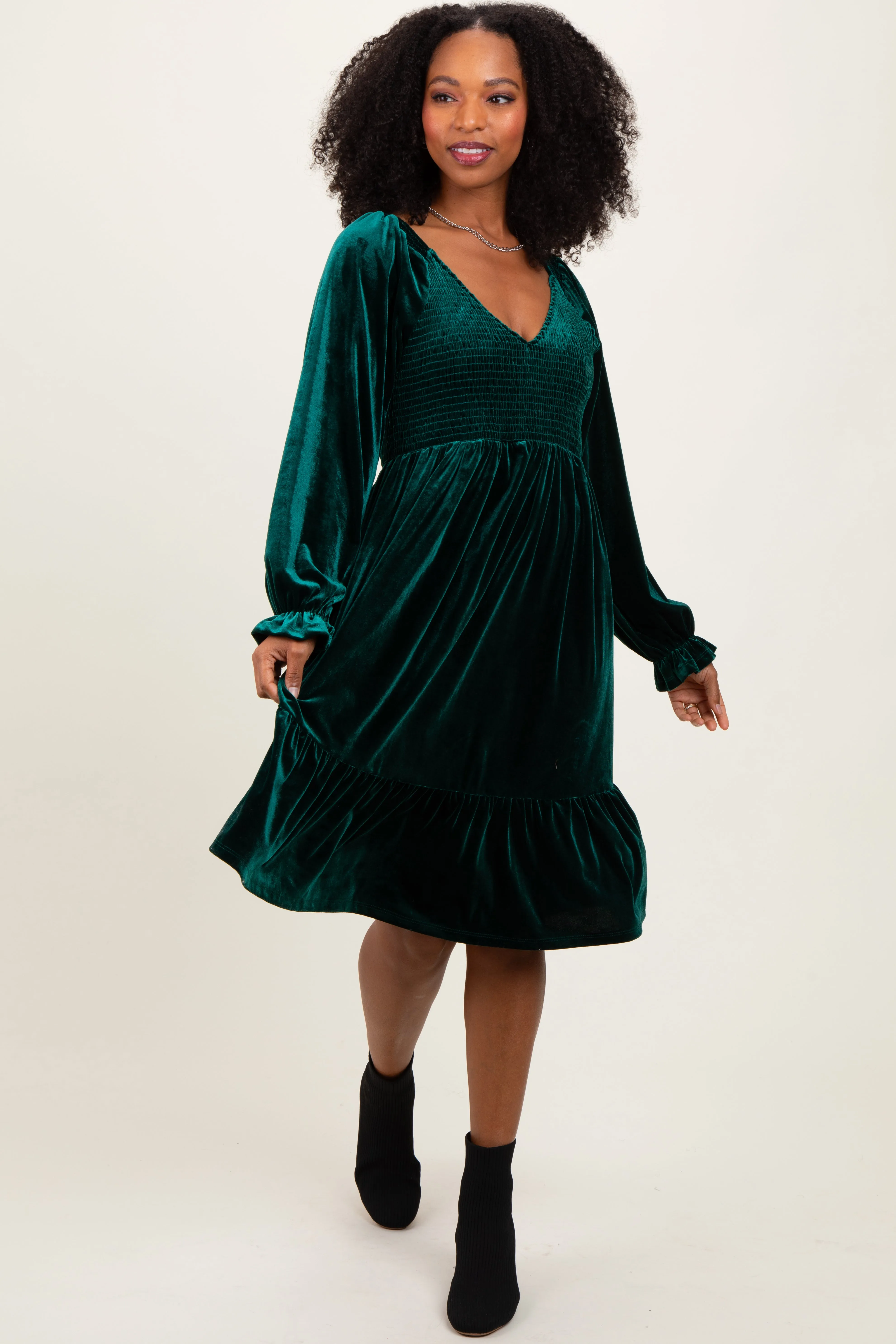 Forest Green Velvet Smocked Long Sleeve Dress sold by Pinkblush product image thumbnail 2