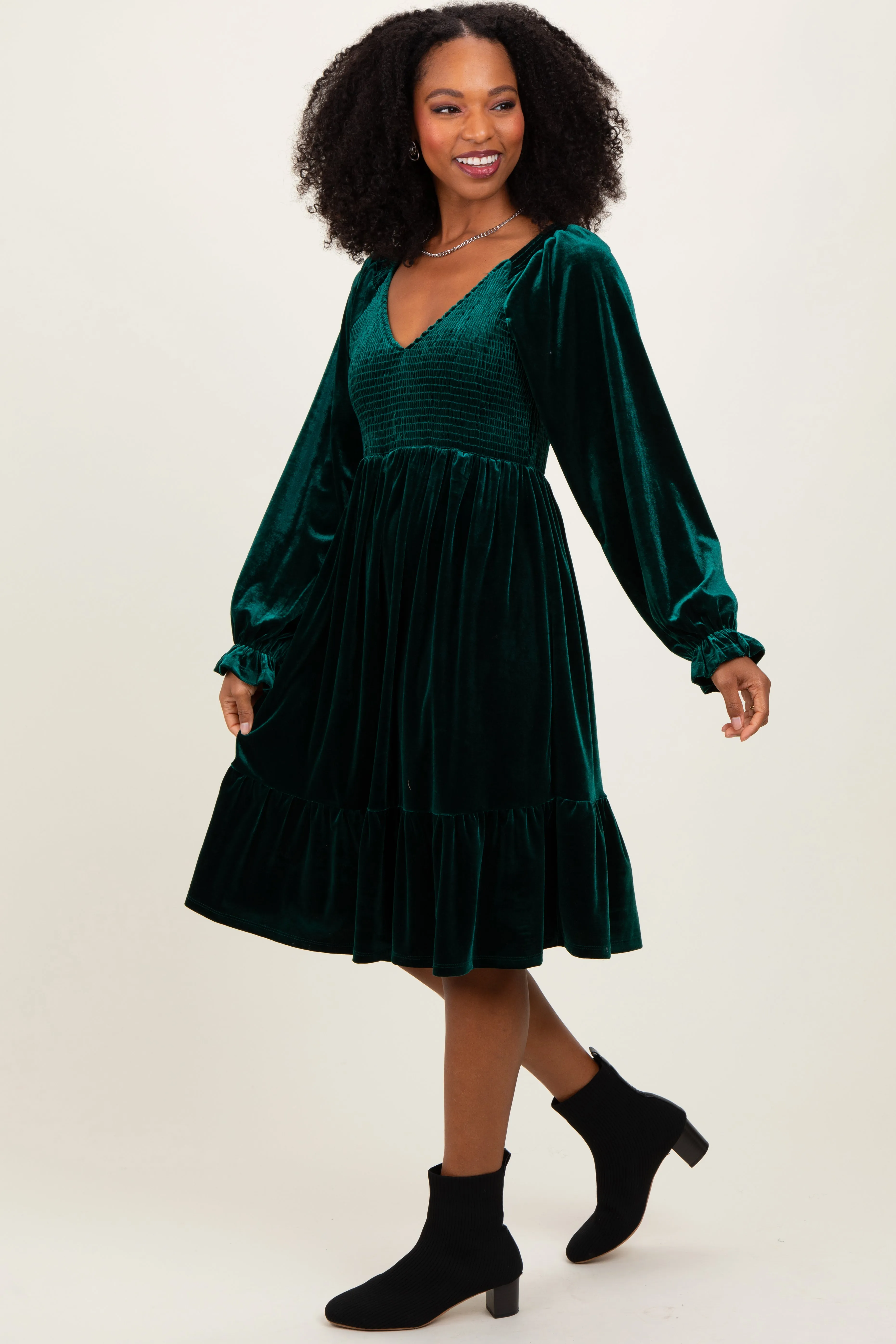 Forest Green Velvet Smocked Long Sleeve Dress sold by Pinkblush product image thumbnail 3