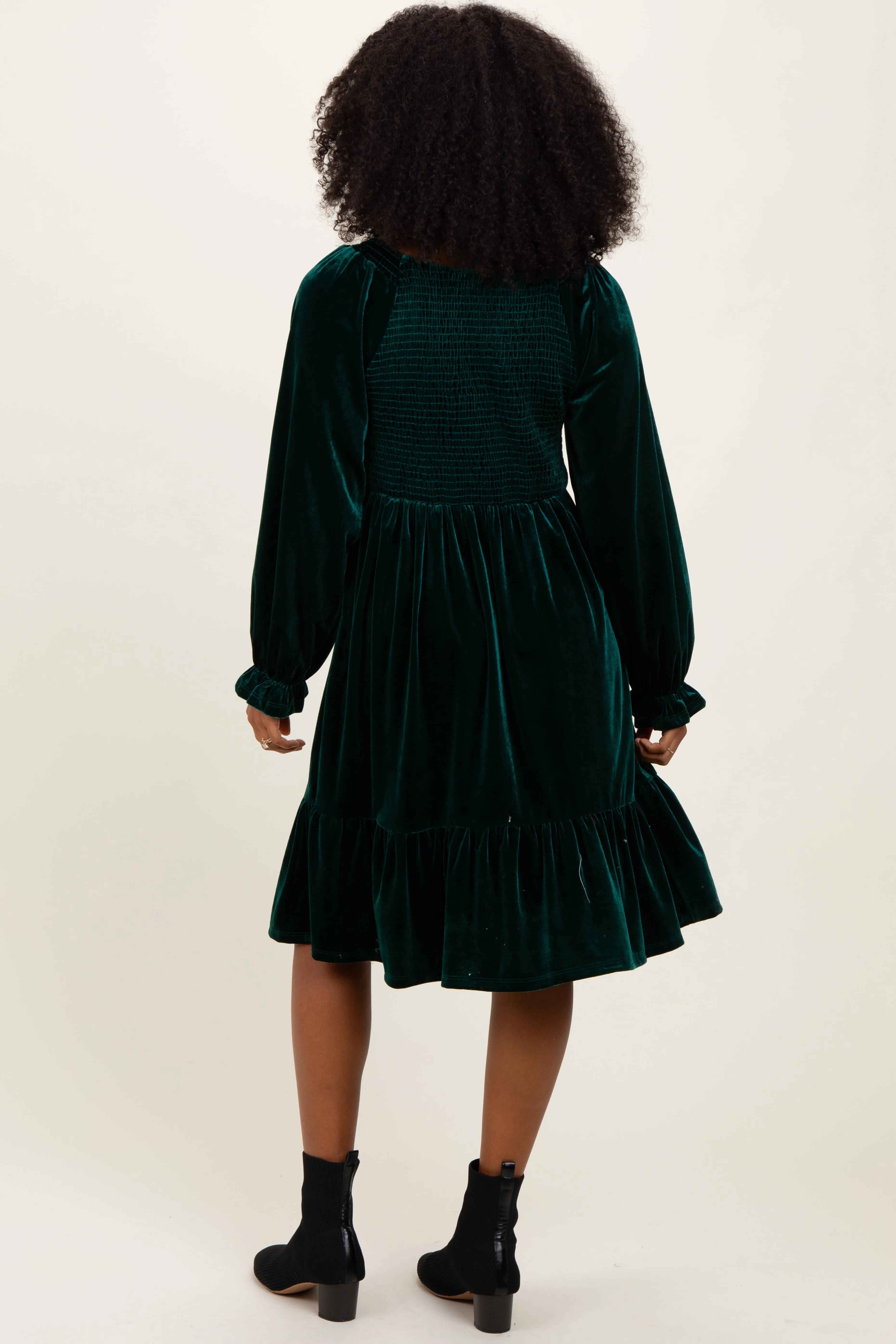 Forest Green Velvet Smocked Long Sleeve Dress sold by Pinkblush product image thumbnail 4