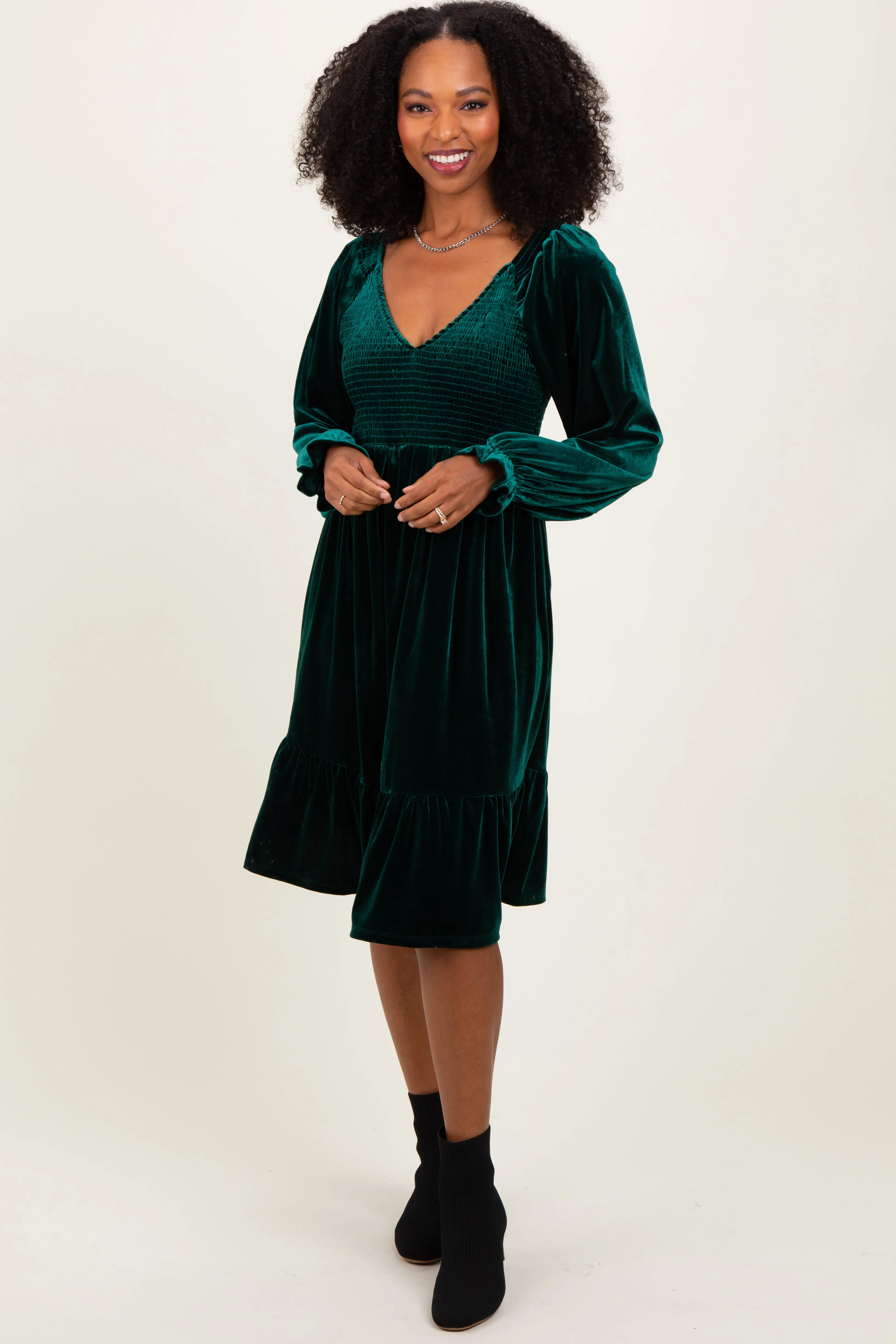 Forest Green Velvet Smocked Long Sleeve Dress sold by Pinkblush