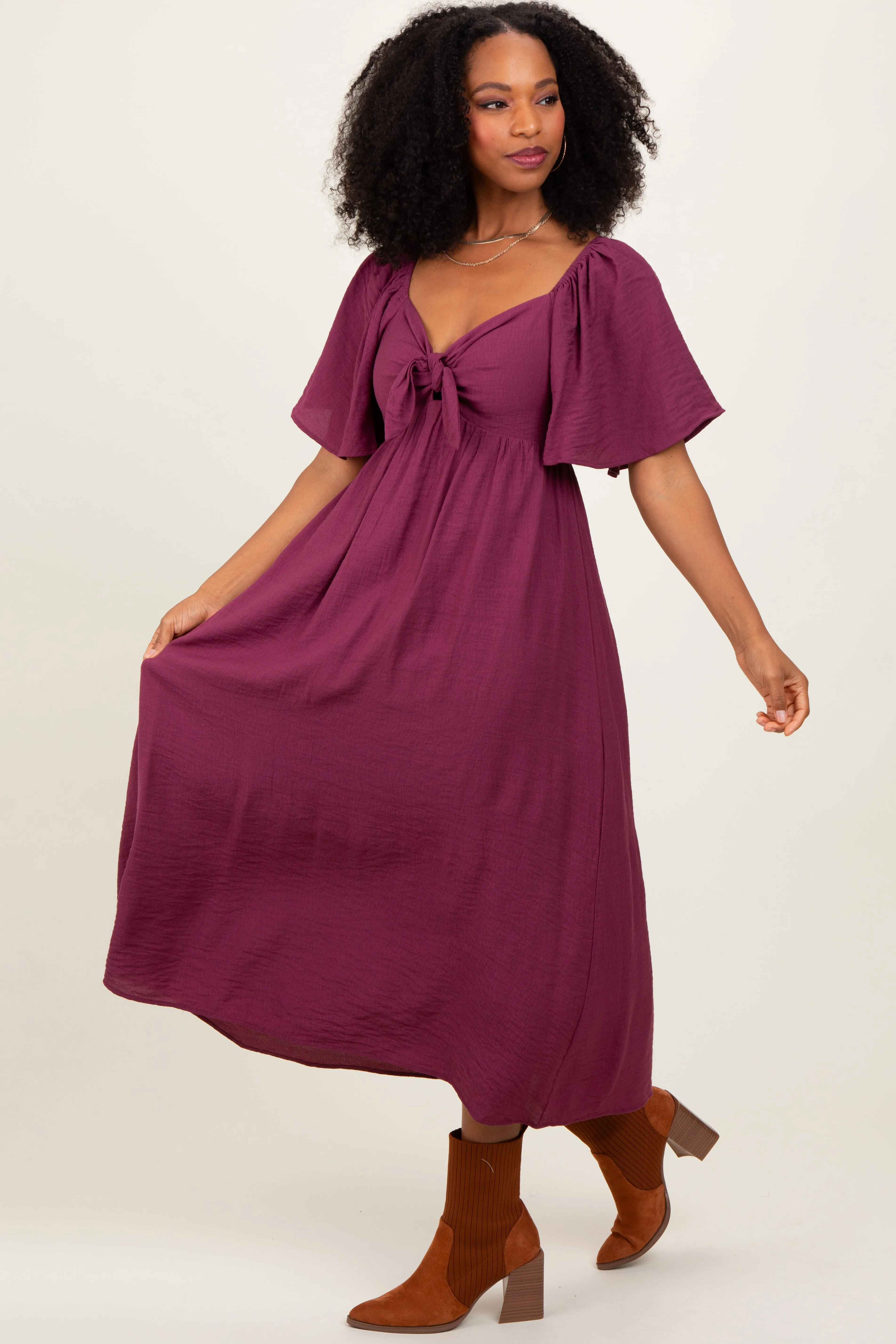 Plum Front Tie Ruffle Sleeve Midi Dress sold by Pinkblush product image thumbnail 3