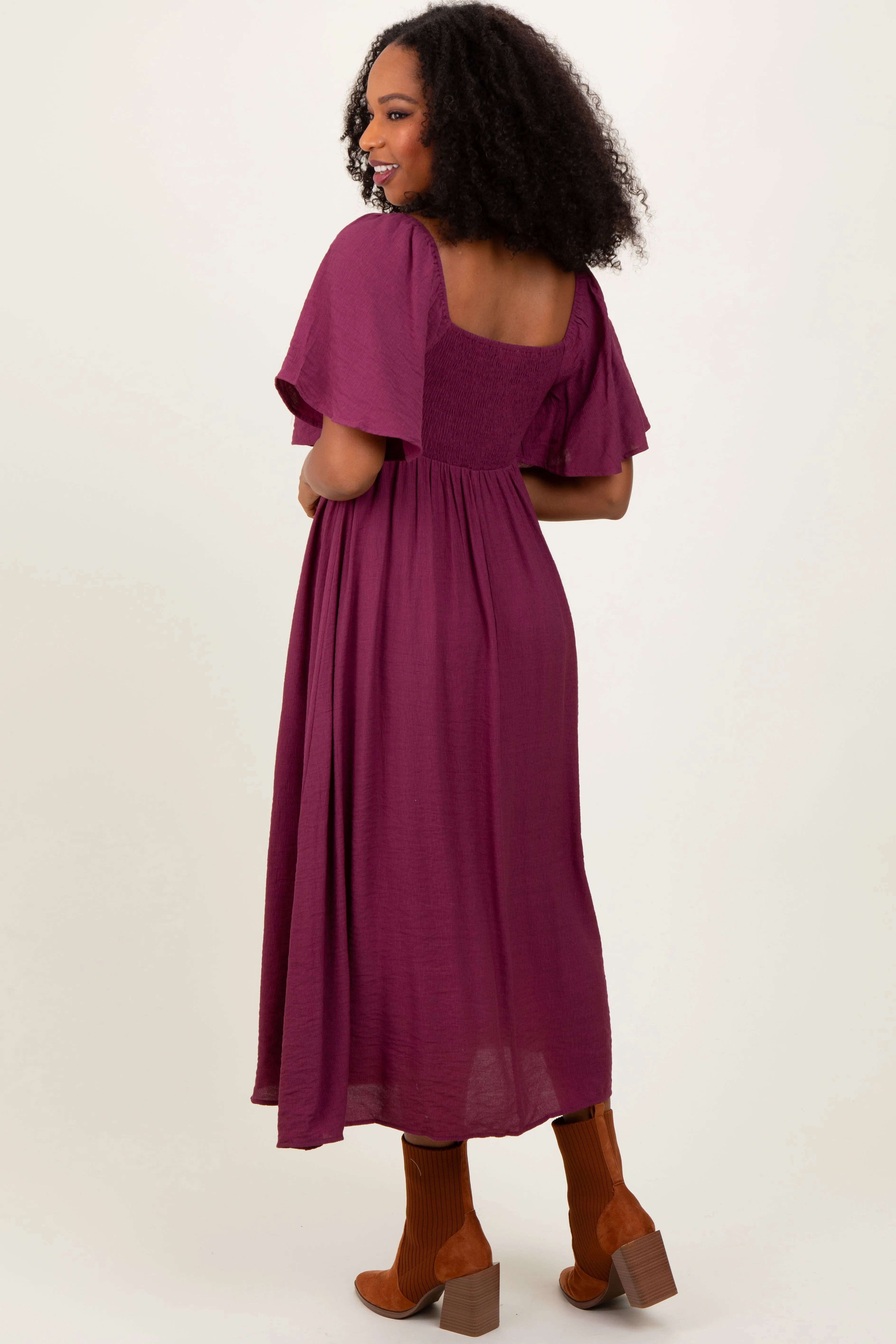 Plum Front Tie Ruffle Sleeve Midi Dress sold by Pinkblush product image thumbnail 4