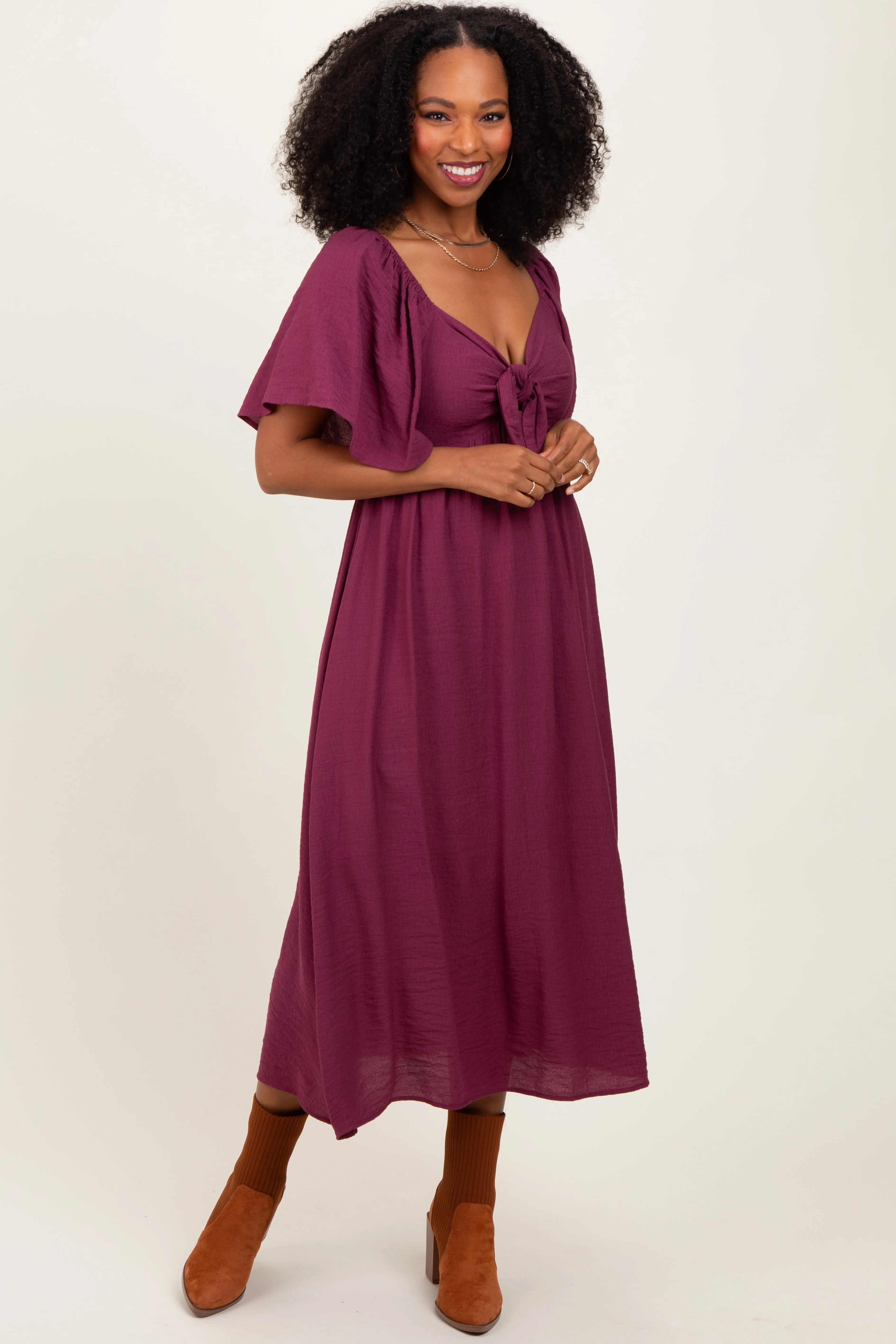 Plum Front Tie Ruffle Sleeve Midi Dress sold by Pinkblush product image thumbnail 2