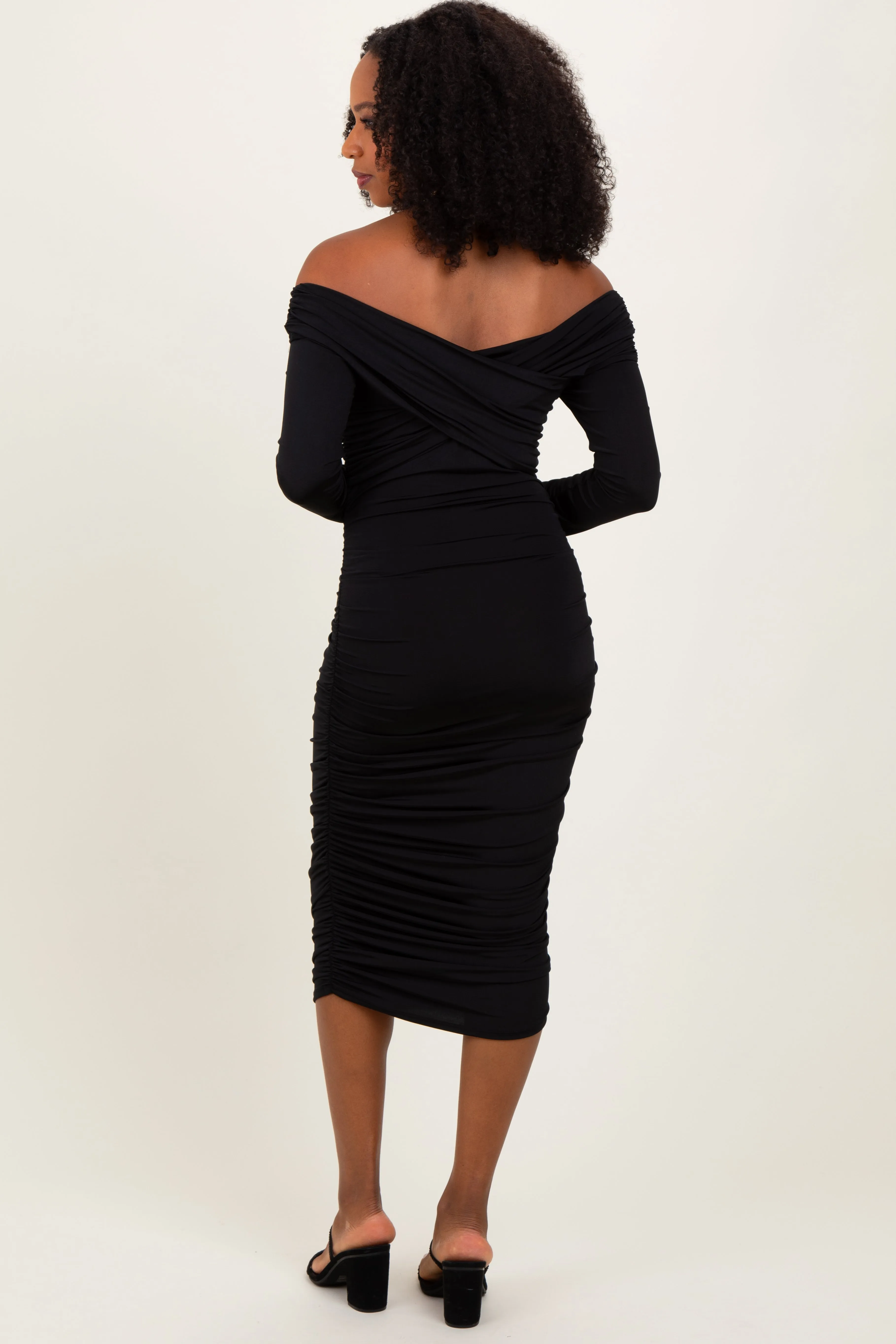 Black Off Shoulder Ruched Long Sleeve Midi Dress sold by Pinkblush product image thumbnail 4