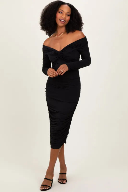 Black Off Shoulder Ruched Long Sleeve Midi Dress sold by Pinkblush