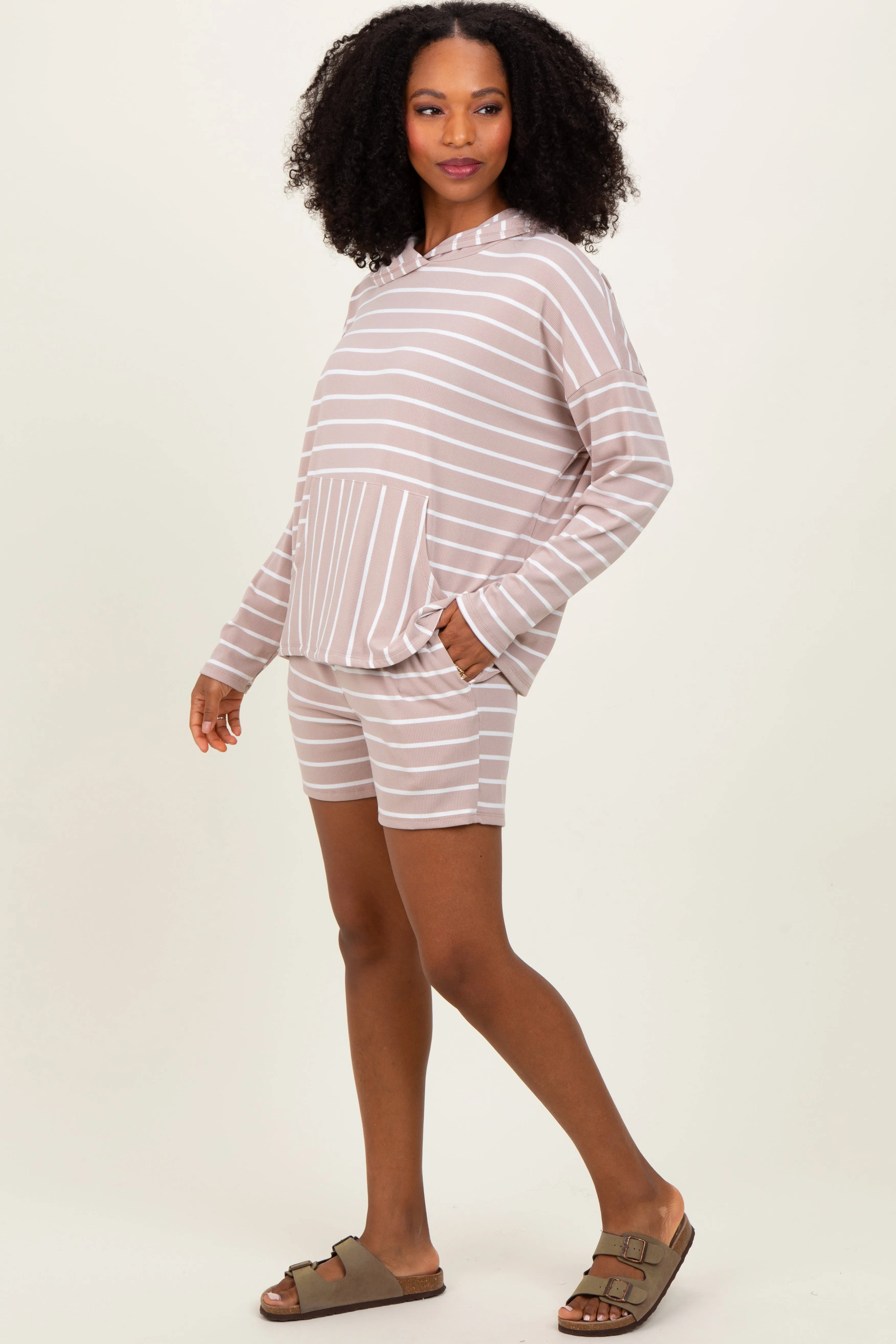 Beige Cozy Striped Ribbed Two-Piece Lounge Set sold by Pinkblush product image thumbnail 3