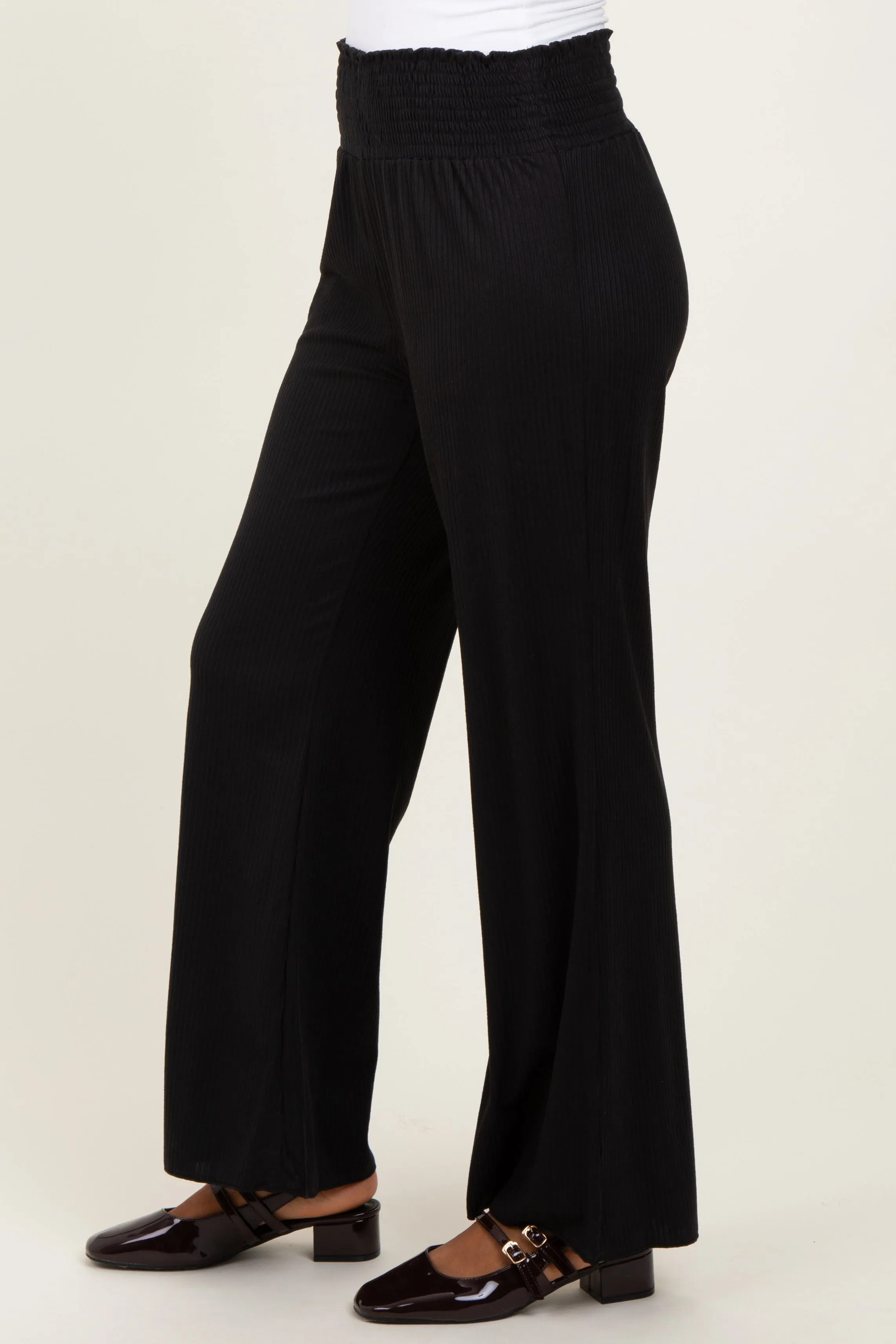 Black Ribbed Smocked Waistband Wide Leg Pants sold by Pinkblush product image thumbnail 3