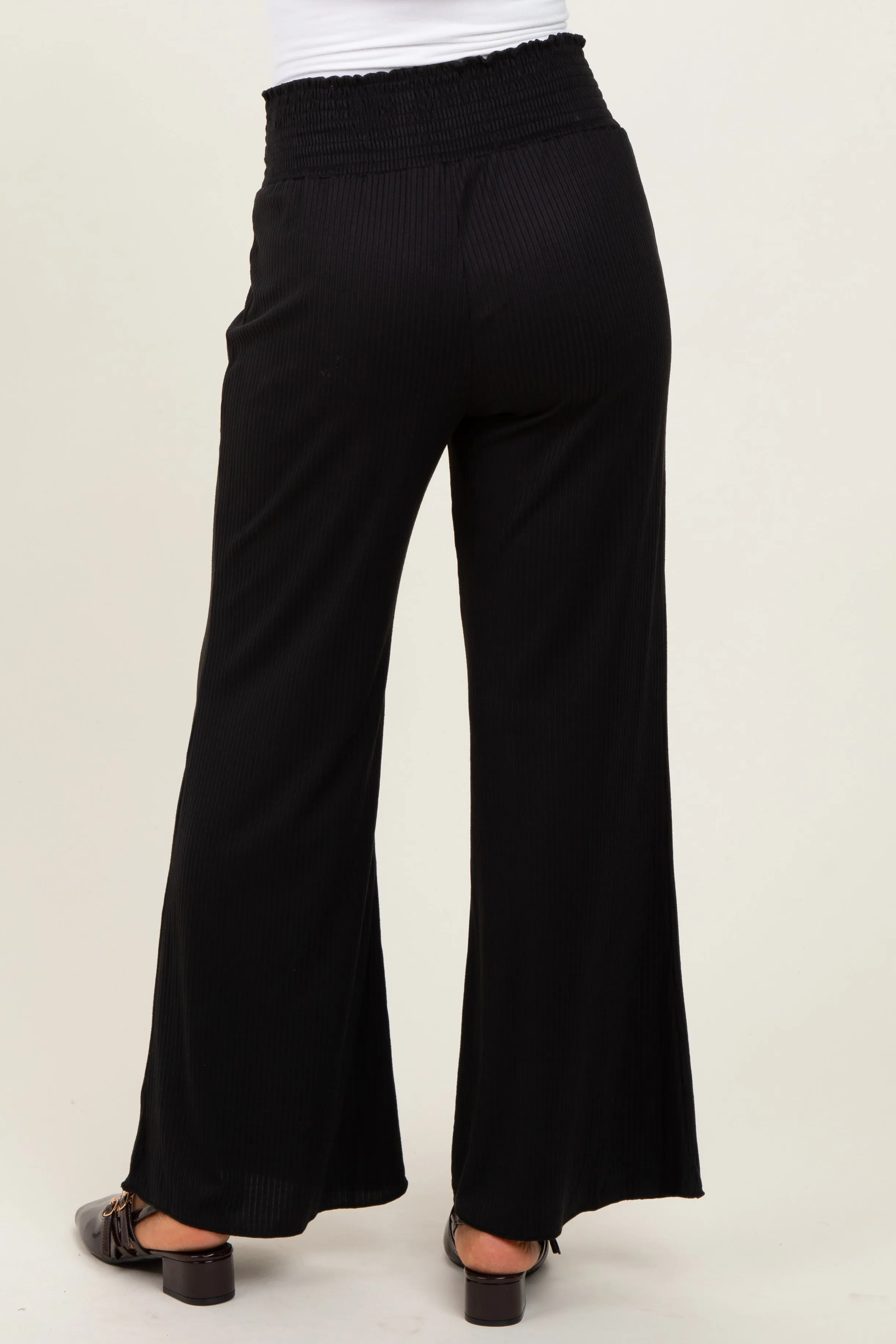 Black Ribbed Smocked Waistband Wide Leg Pants sold by Pinkblush product image thumbnail 4
