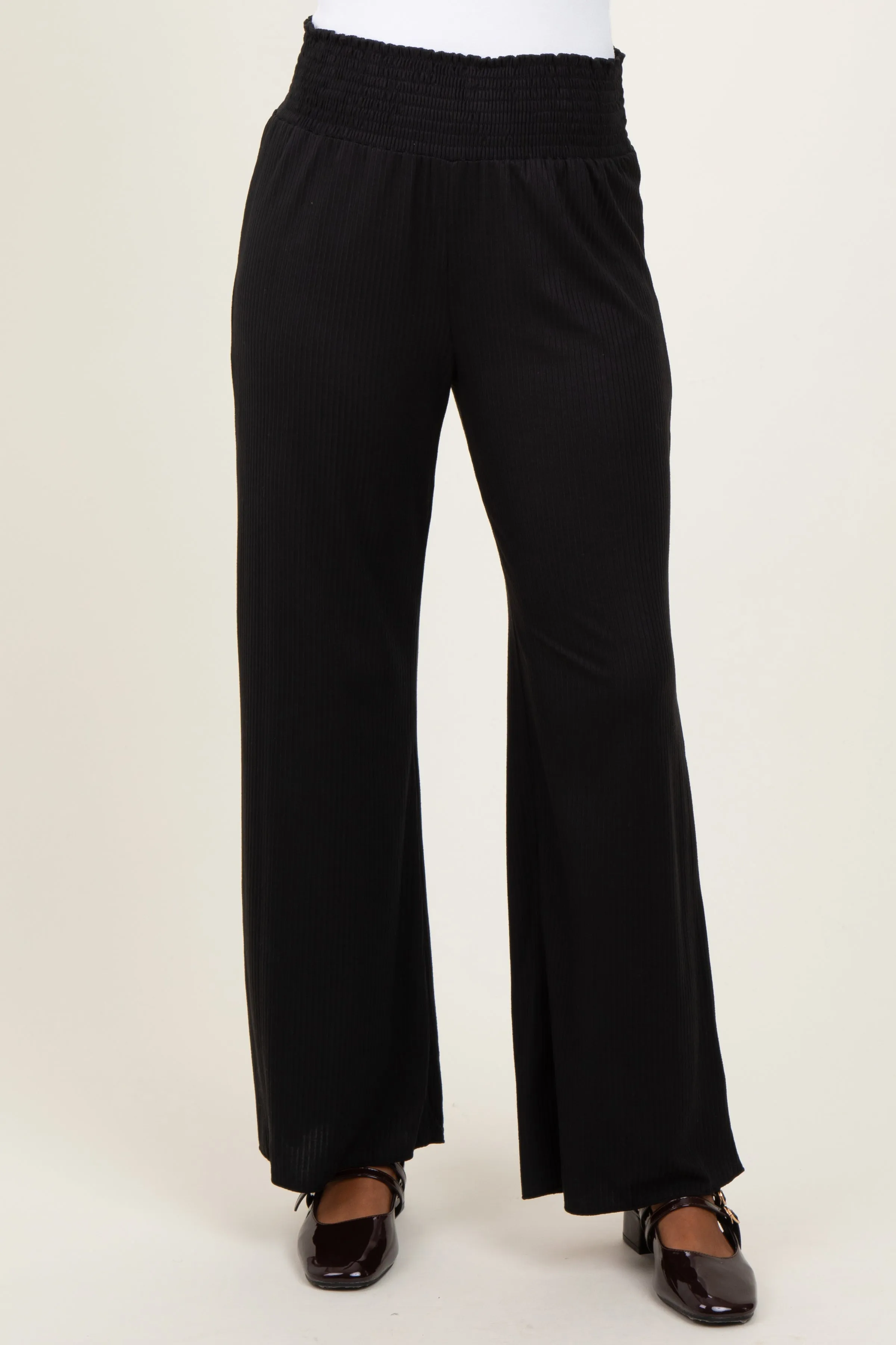Black Ribbed Smocked Waistband Wide Leg Pants sold by Pinkblush product image thumbnail 2