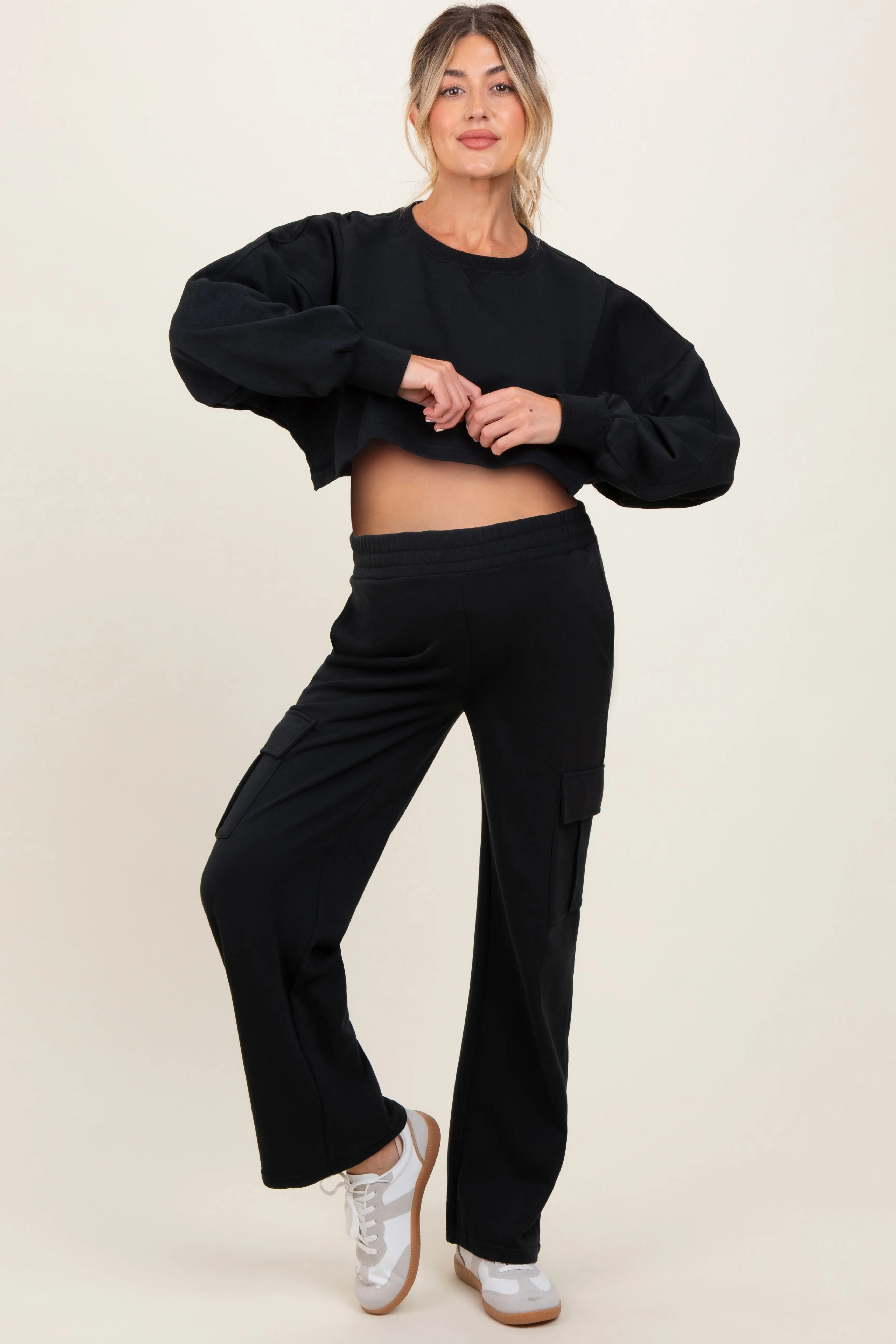 Black Oversized Crop Sweatshirt Cargo Sweatpant Maternity Set sold by Pinkblush
